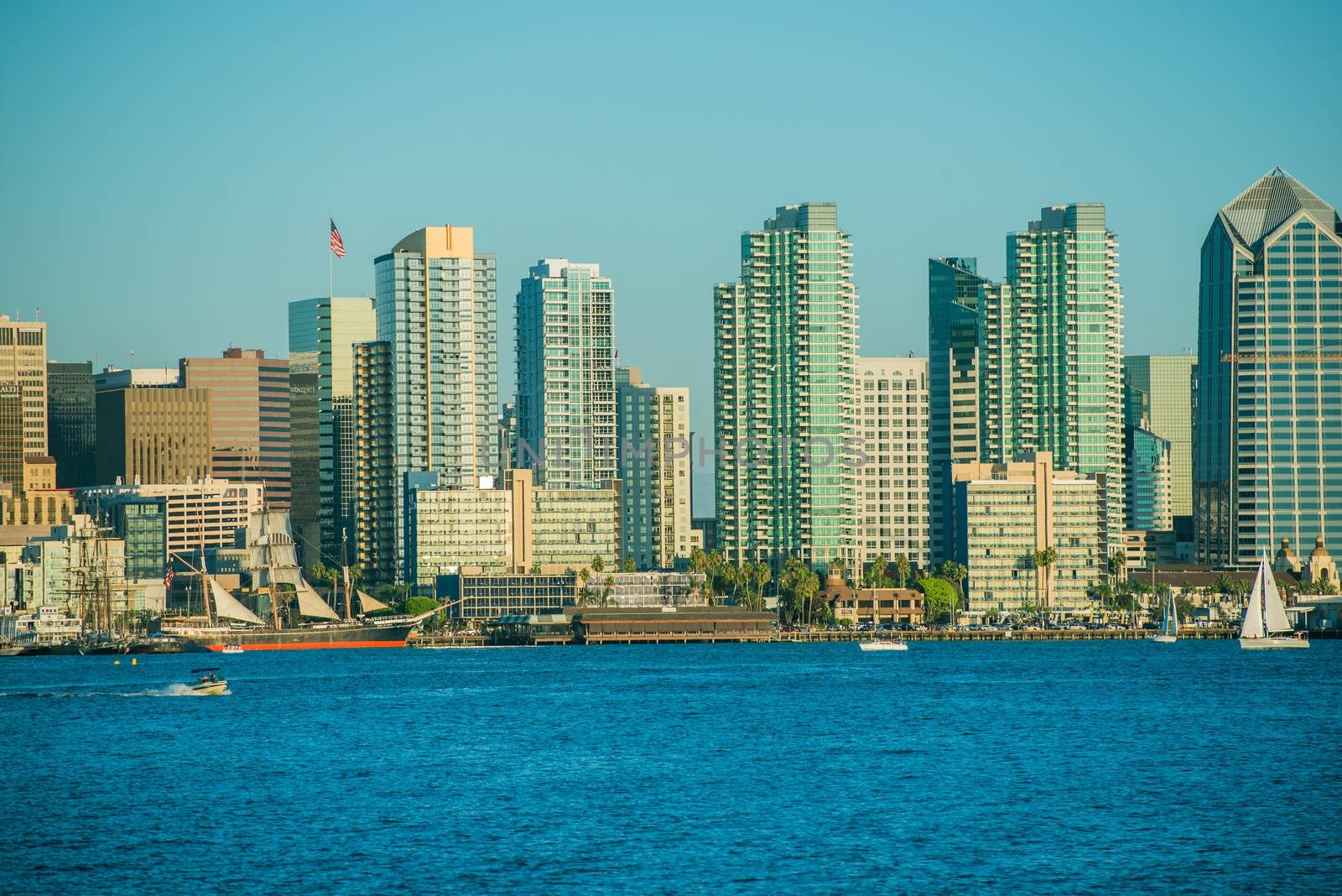 Famous San Diego Skyline Towers and the Sand Diego Bay Area. California, USA.