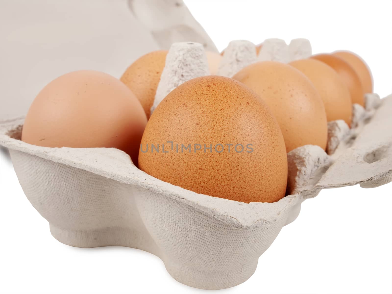 ten fresh eggs in carton package, studio shot