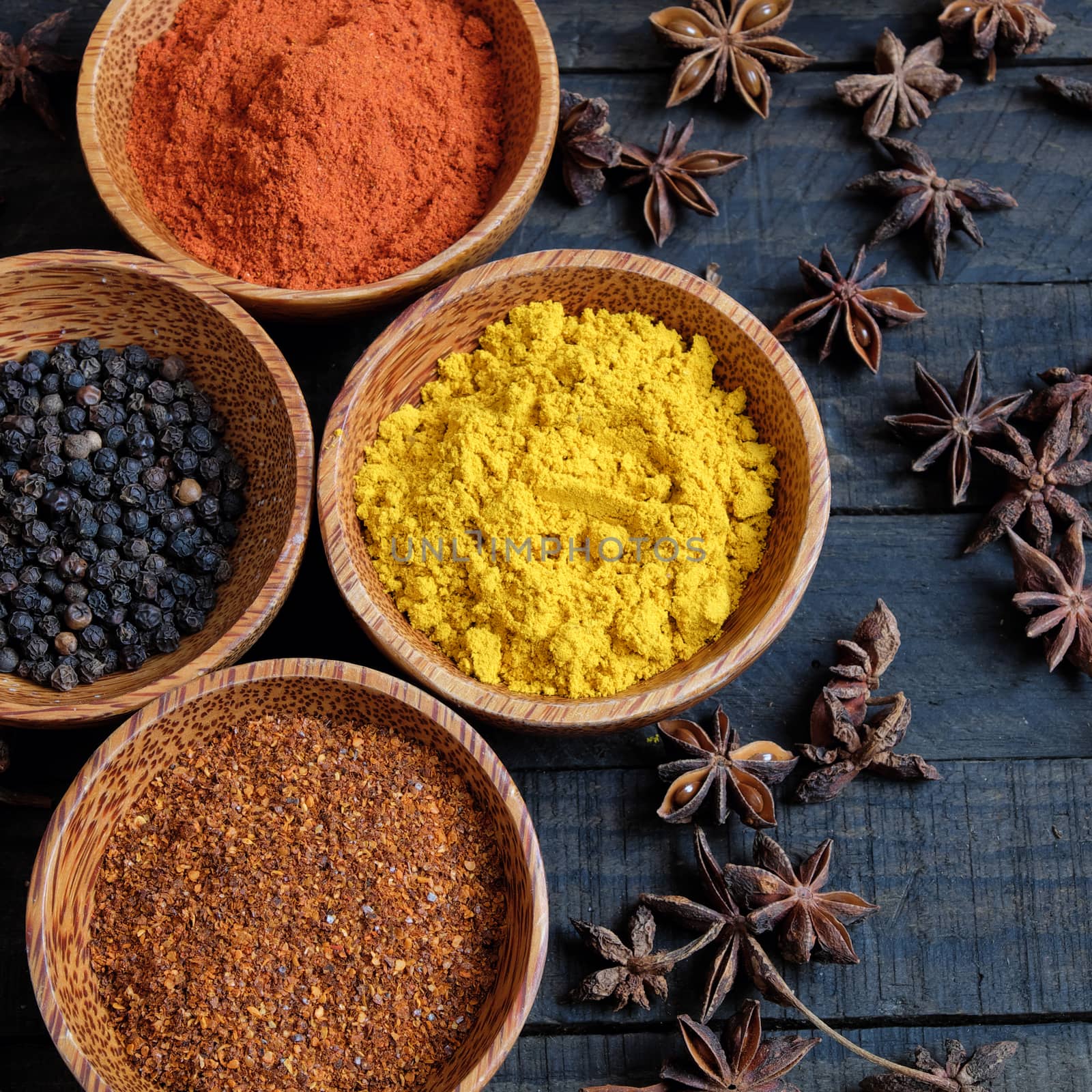 Colorful spice powder, chilli, pepper, turmeric, cashew  by xuanhuongho