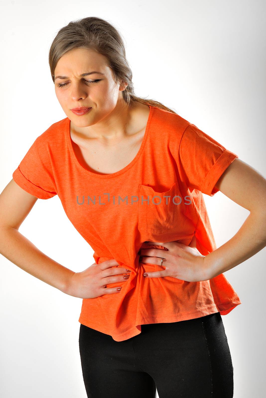 Caucasian woman having abdominal pain