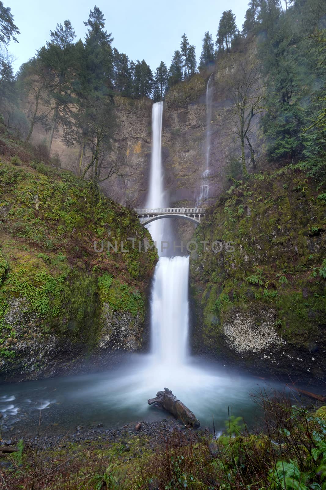 Multnomah Falls in Columbia River Gorge Oregon on a Rainy Day