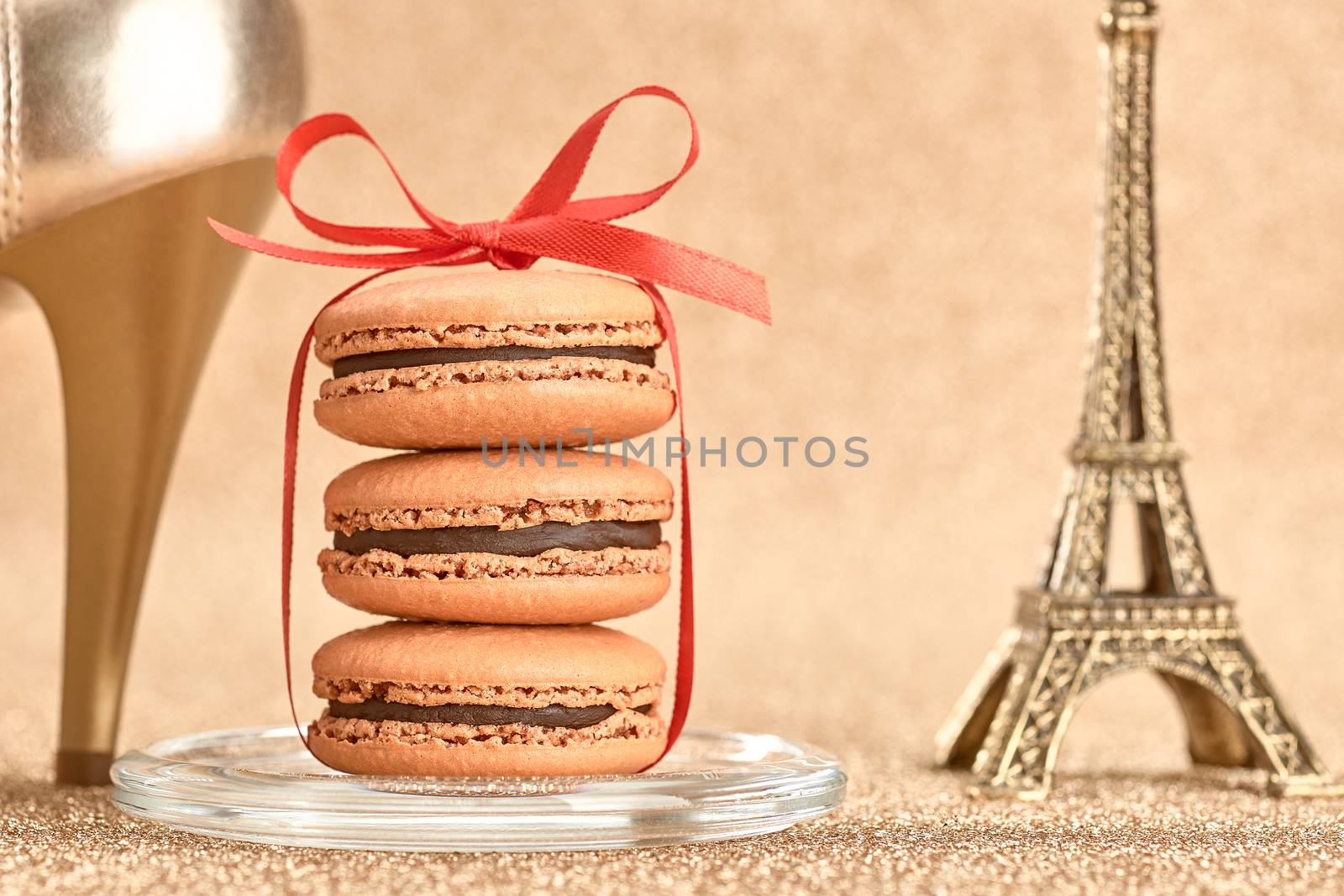 Macarons. Luxury shiny shoes, Eiffel Tower on gold by 918