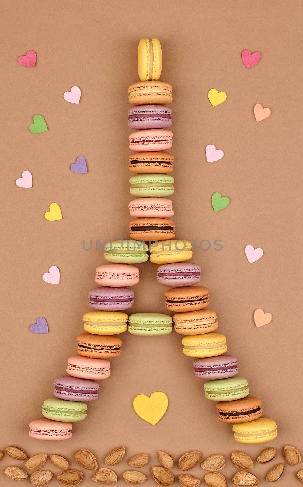 Macarons Eiffel Tower french sweet colorful,multicolored hearts, almond.Fresh pastel dessert on chocolate retro vintage background. Love,Valentines Day,romantic                                       