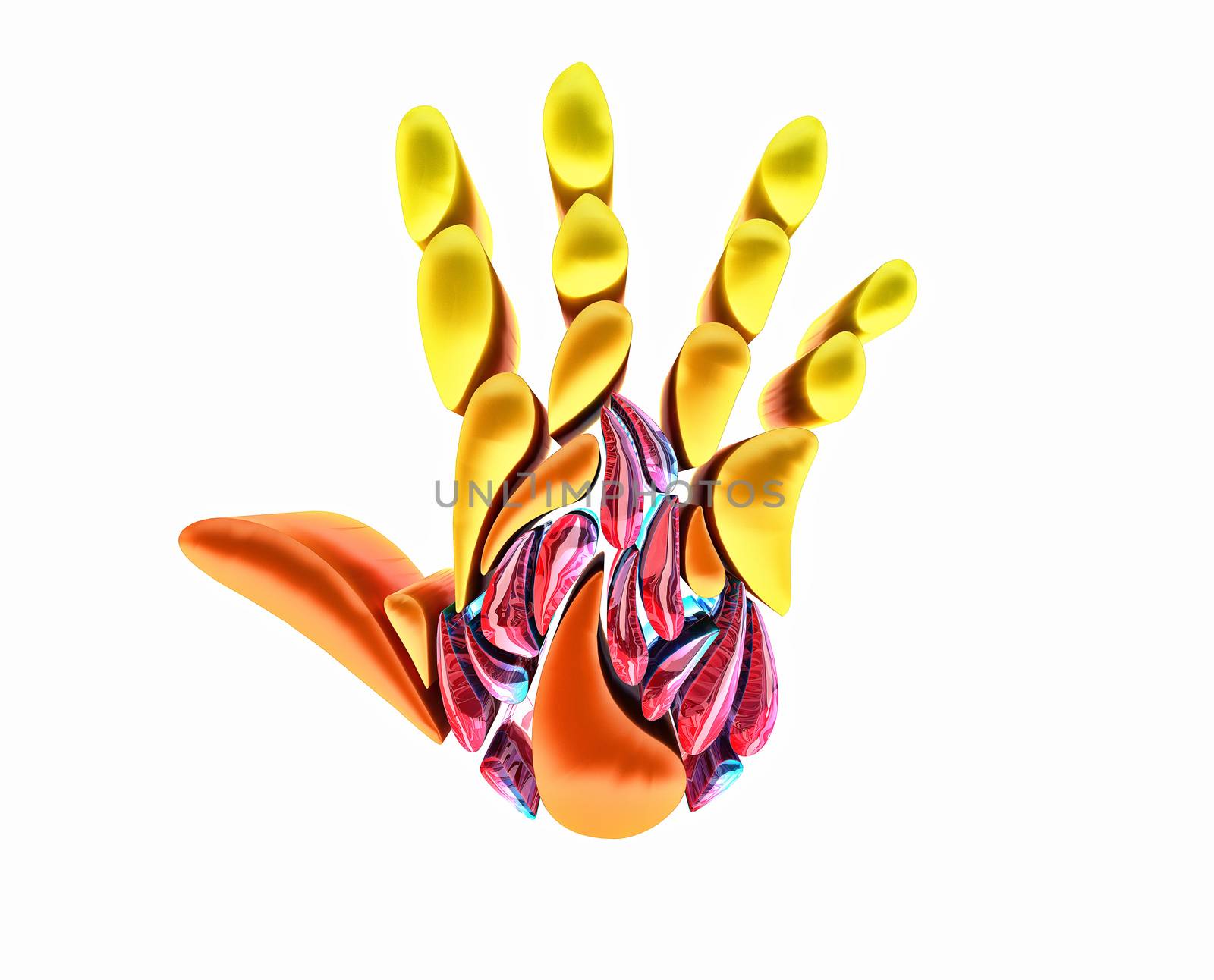 Fire palm logo combined. Volumetric sign open hand. In center of hand translucent elements form campfire shape. flame 3d logotype composed of small orange and yellow gradient parts.