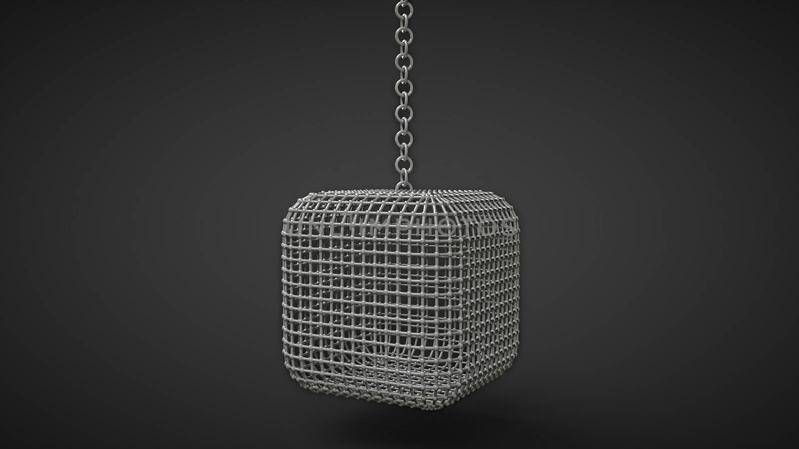 mew cage box shaped hanging on a chain isolated on black background