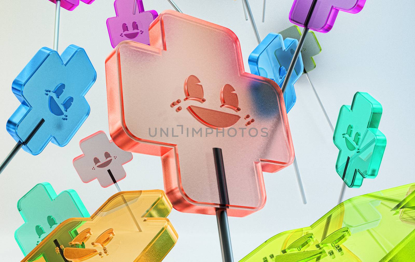 translucent multicolored sweet candies with emoticons on sticks. colorful candy on white background isolated