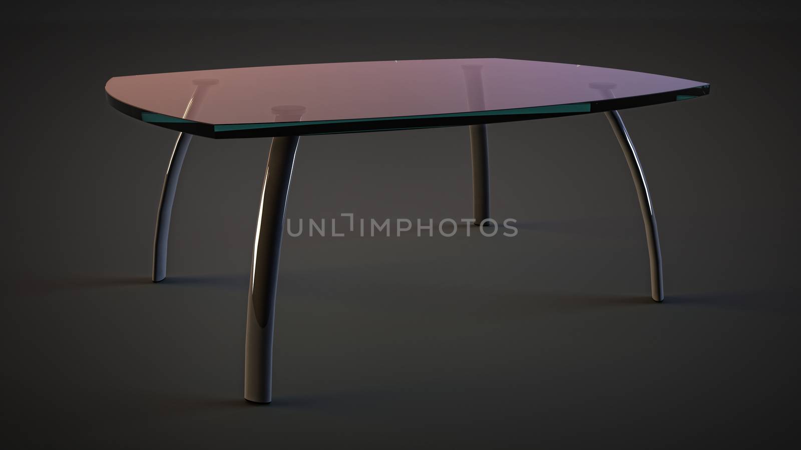glass table with transparent top and metal legs. indoor home furniture on isolated dark background