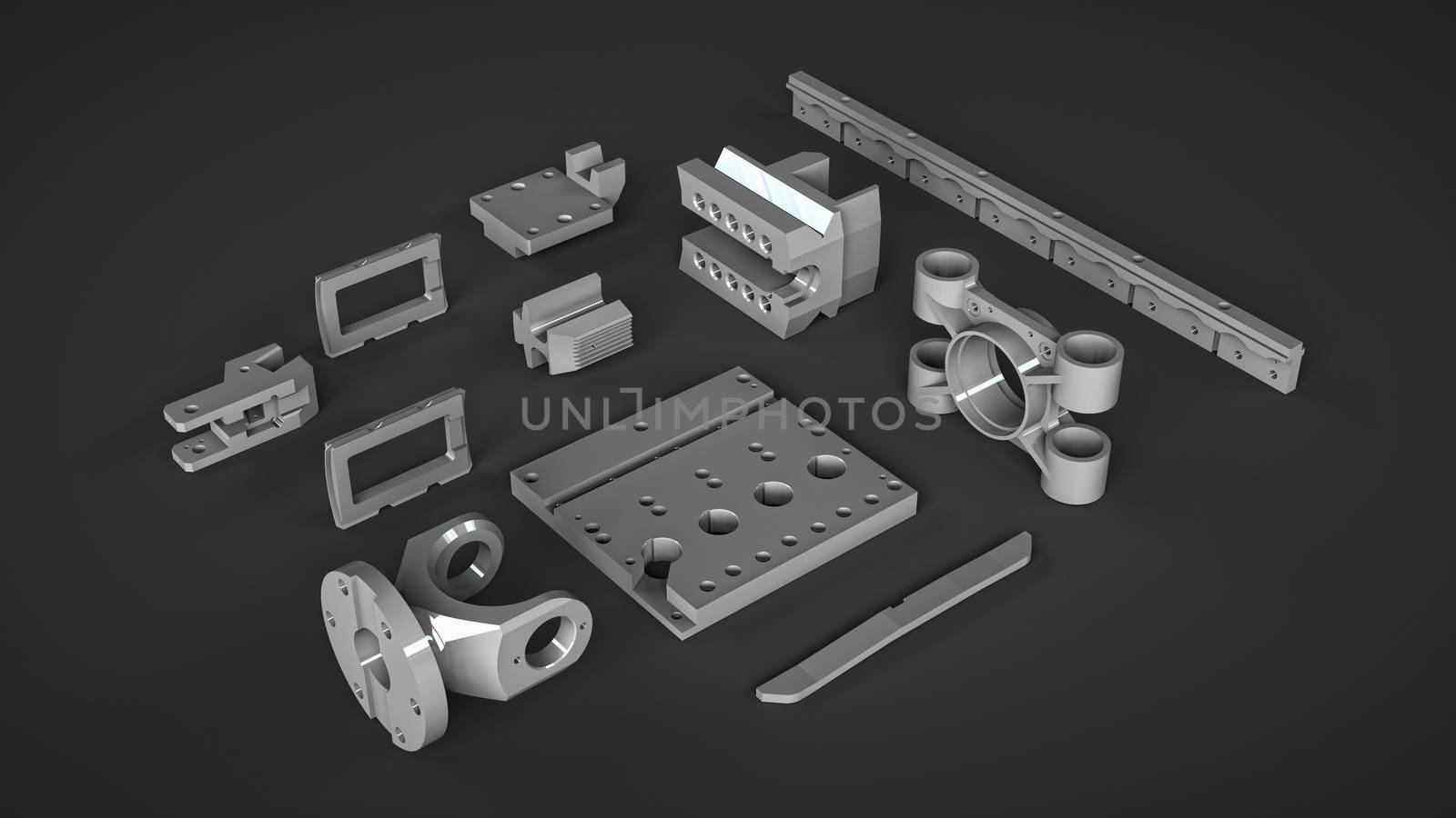 alluminium spares reserve mechanism parts isolated on dark background