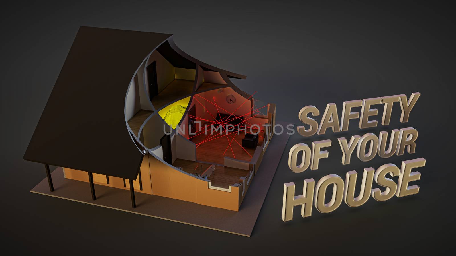 home security system. Illustration about safety with image of house in cut. lasers, motion detectors, surveillance cameras, and safe deposit facilities