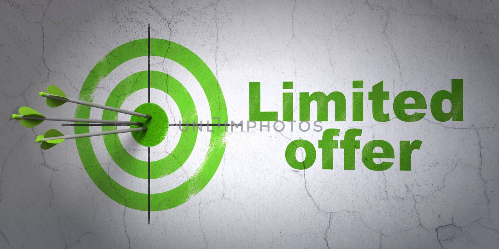 Success finance concept: arrows hitting the center of target, Green Limited Offer on wall background