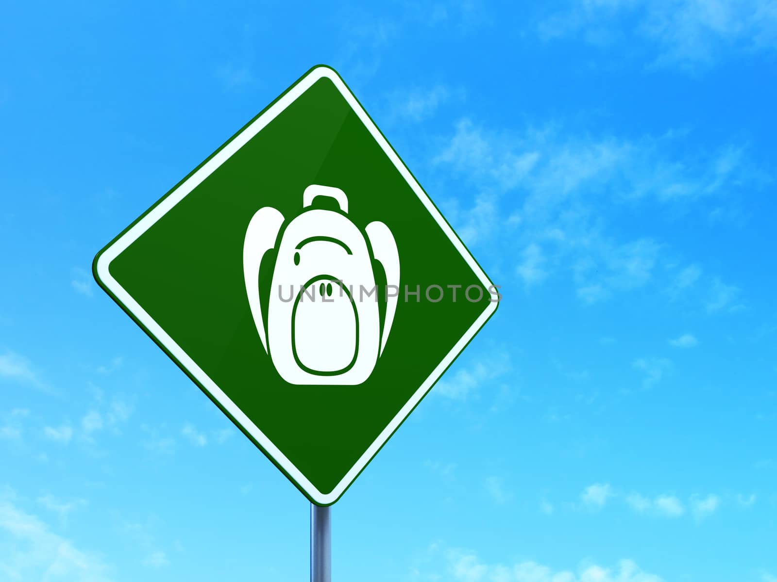 Learning concept: Backpack on road sign background by maxkabakov