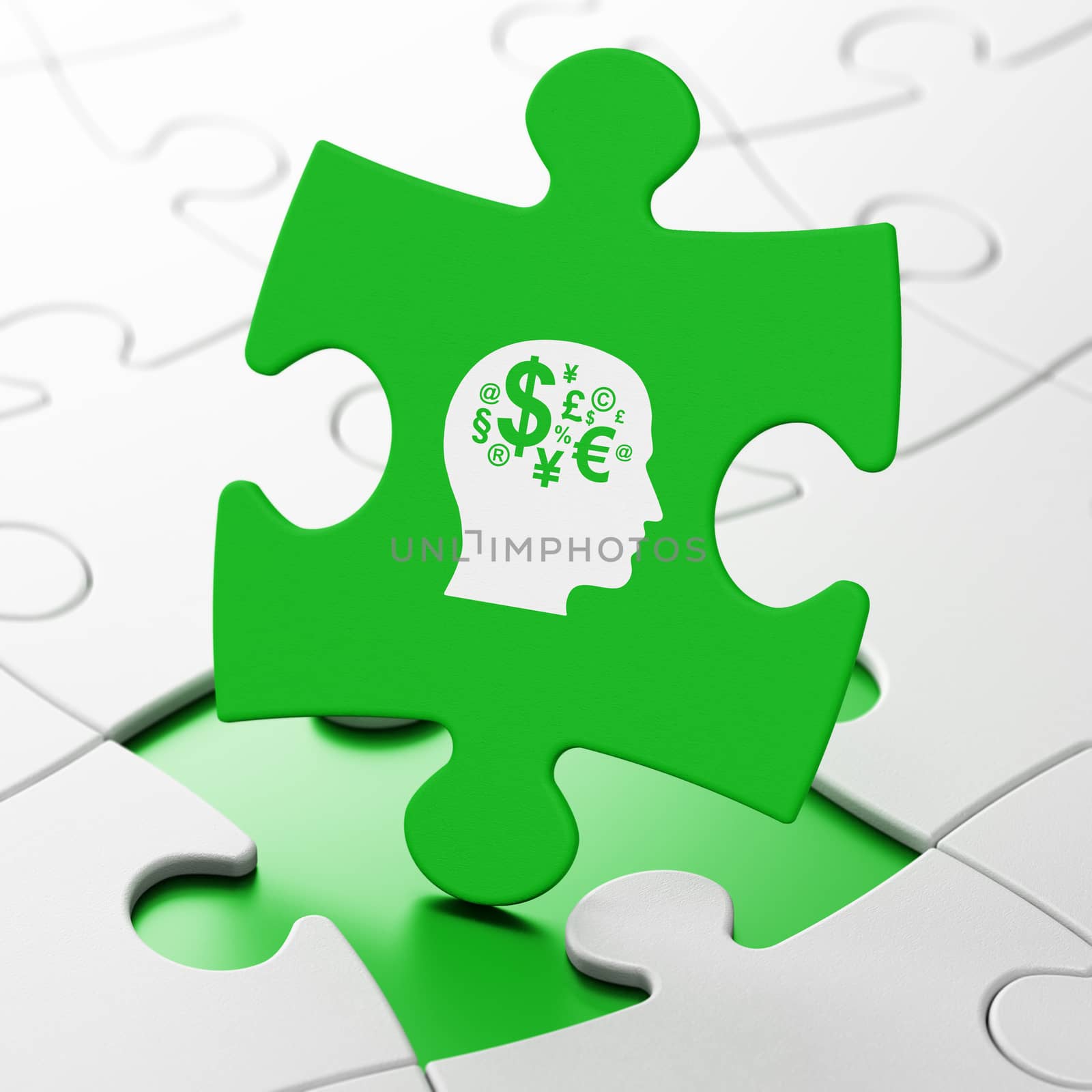 Studying concept: Head With Finance Symbol on Green puzzle pieces background, 3d render