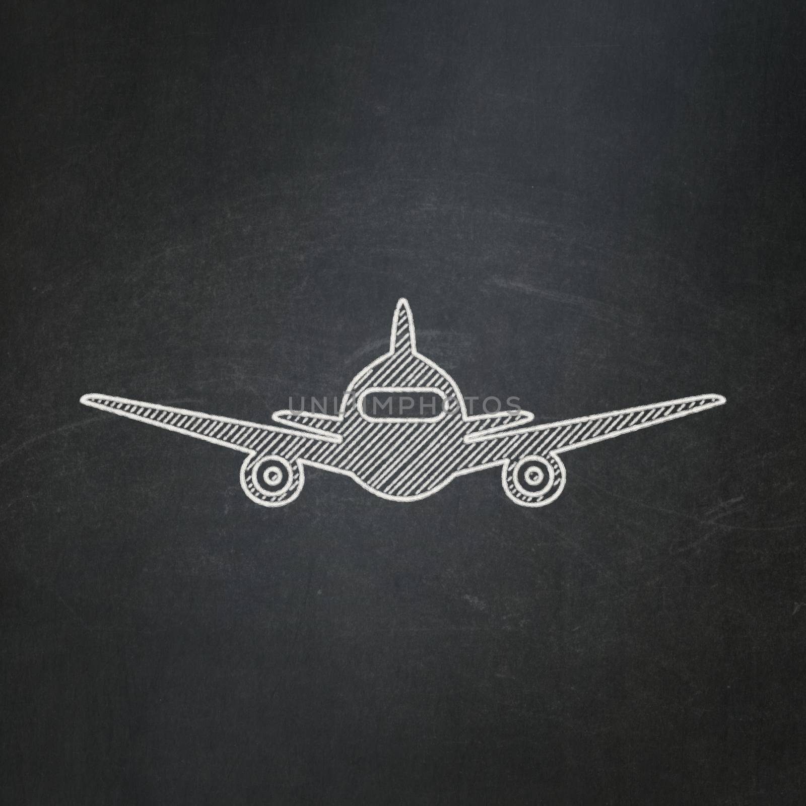 Vacation concept: Aircraft icon on Black chalkboard background