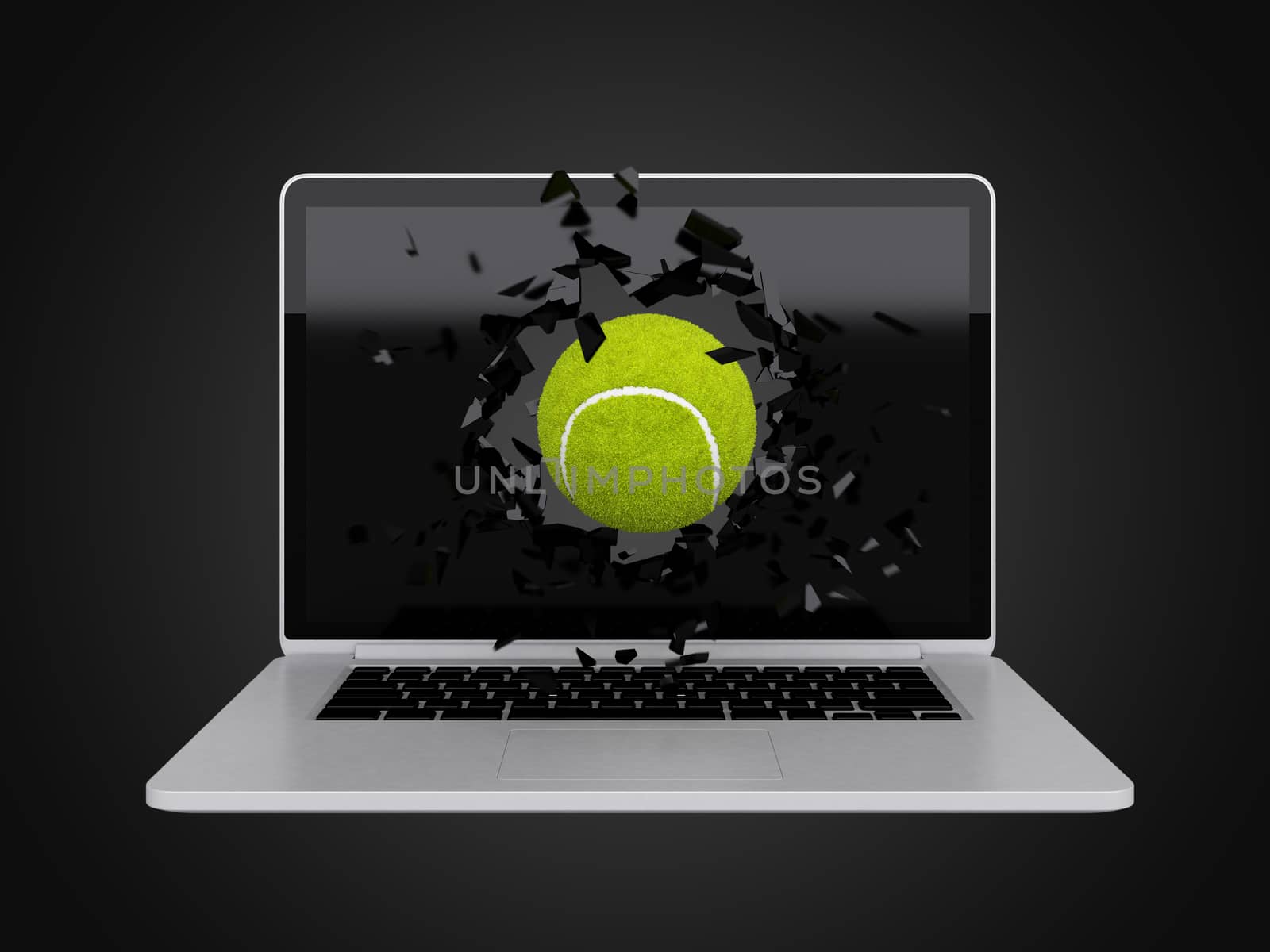 tennis ball destroy laptop, sport background, technology background