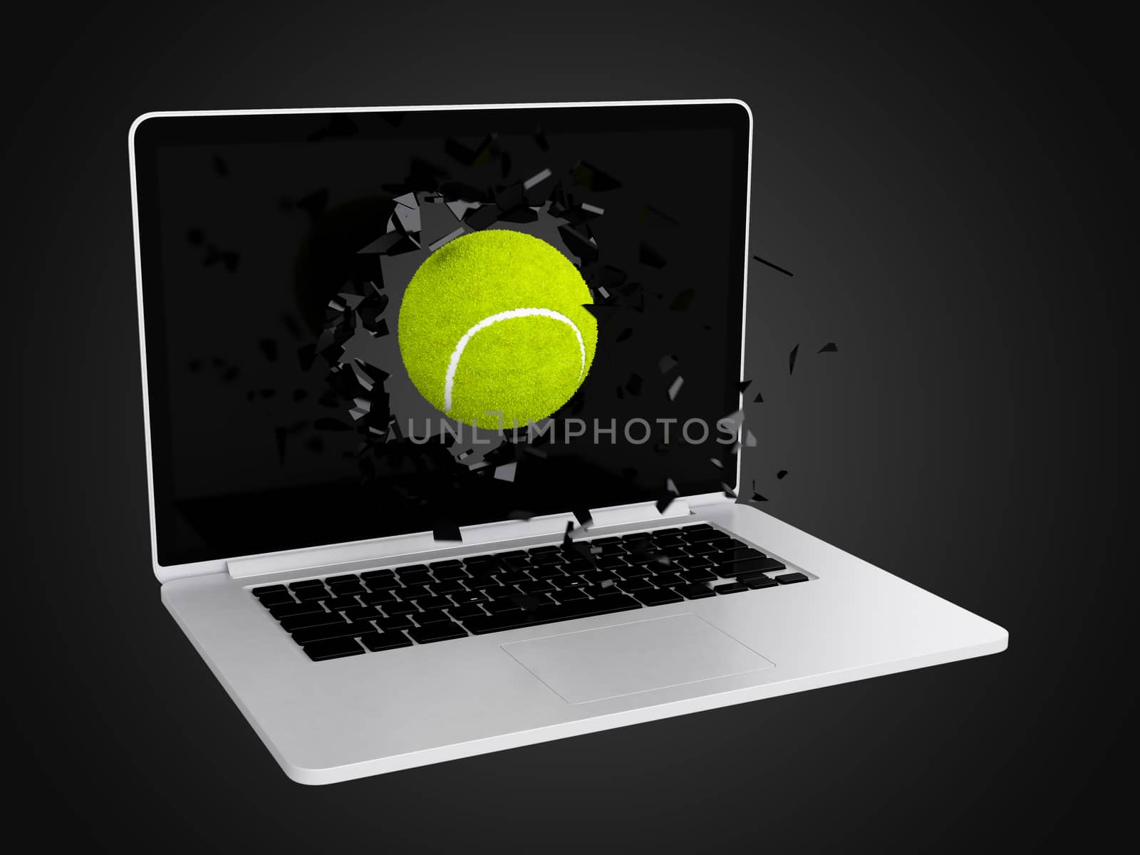 tennis ball destroy laptop, sport background, technology background