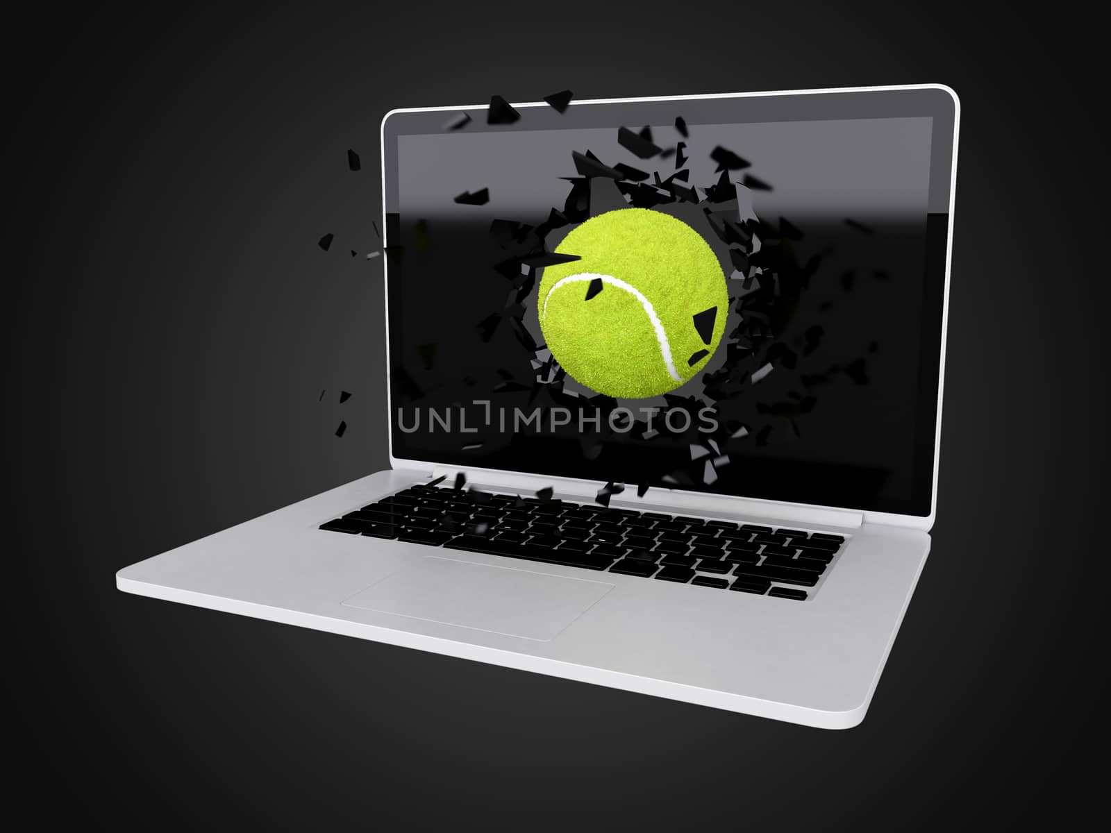 tennis ball destroy laptop, sport background, technology background