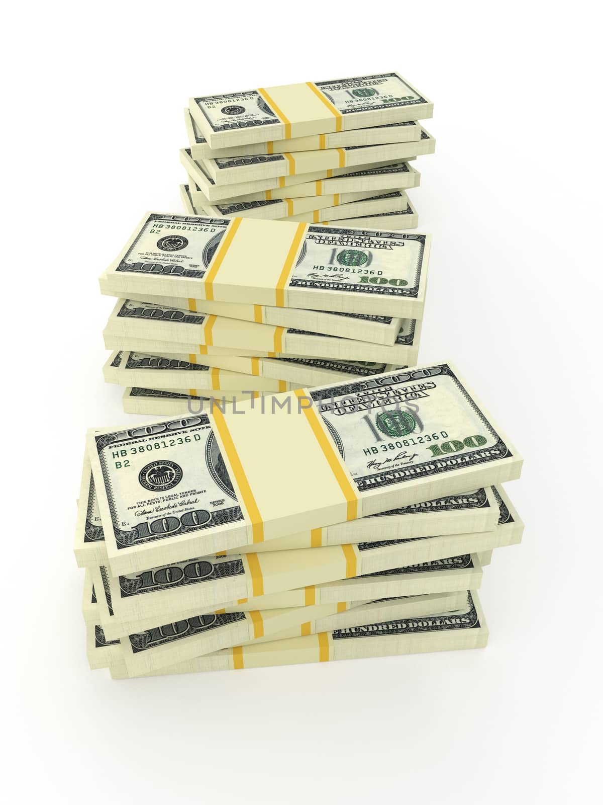 Big money stacks from dollars isolated on white. Vertical photo