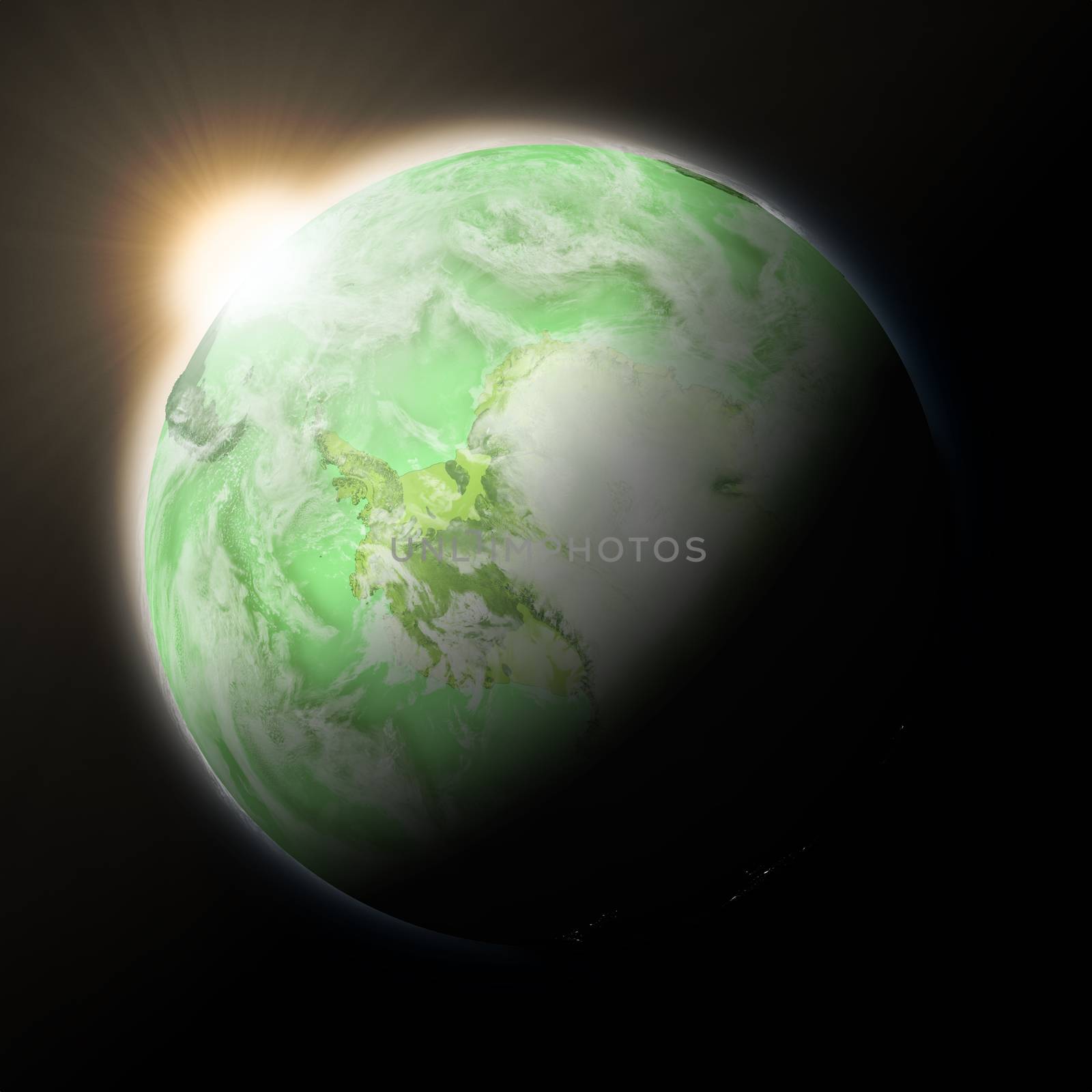 Sun over Antarctica on green planet Earth isolated on black background. Highly detailed planet surface. Elements of this image furnished by NASA.