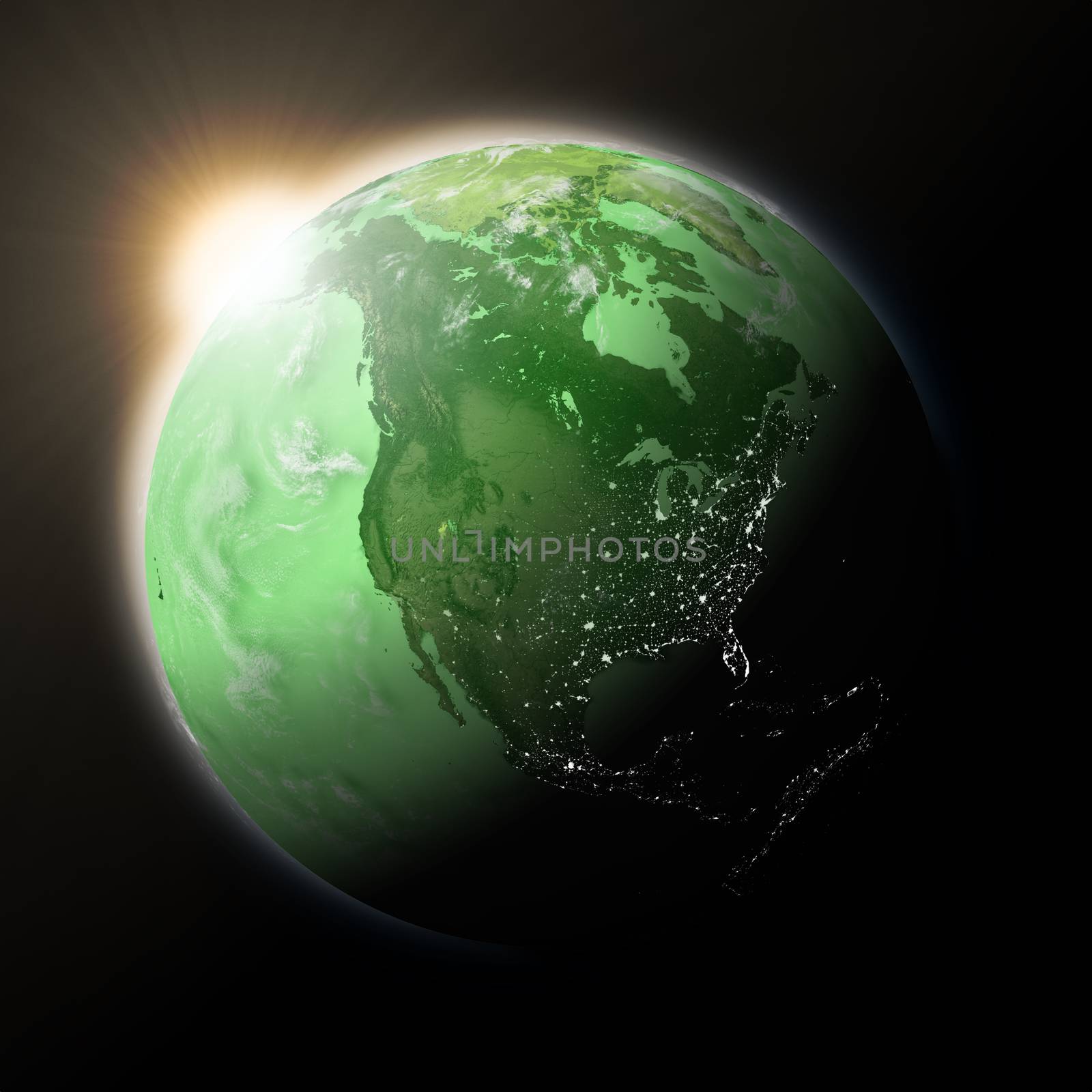 Sun over North America on green planet Earth by Harvepino