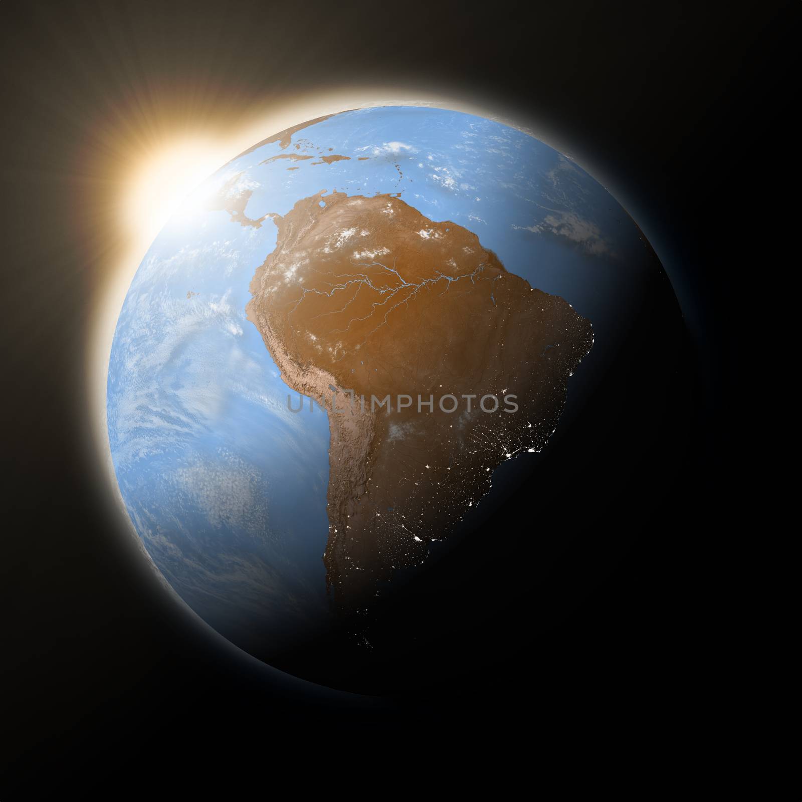 Sun over South America on blue planet Earth isolated on black background. Highly detailed planet surface. Elements of this image furnished by NASA.