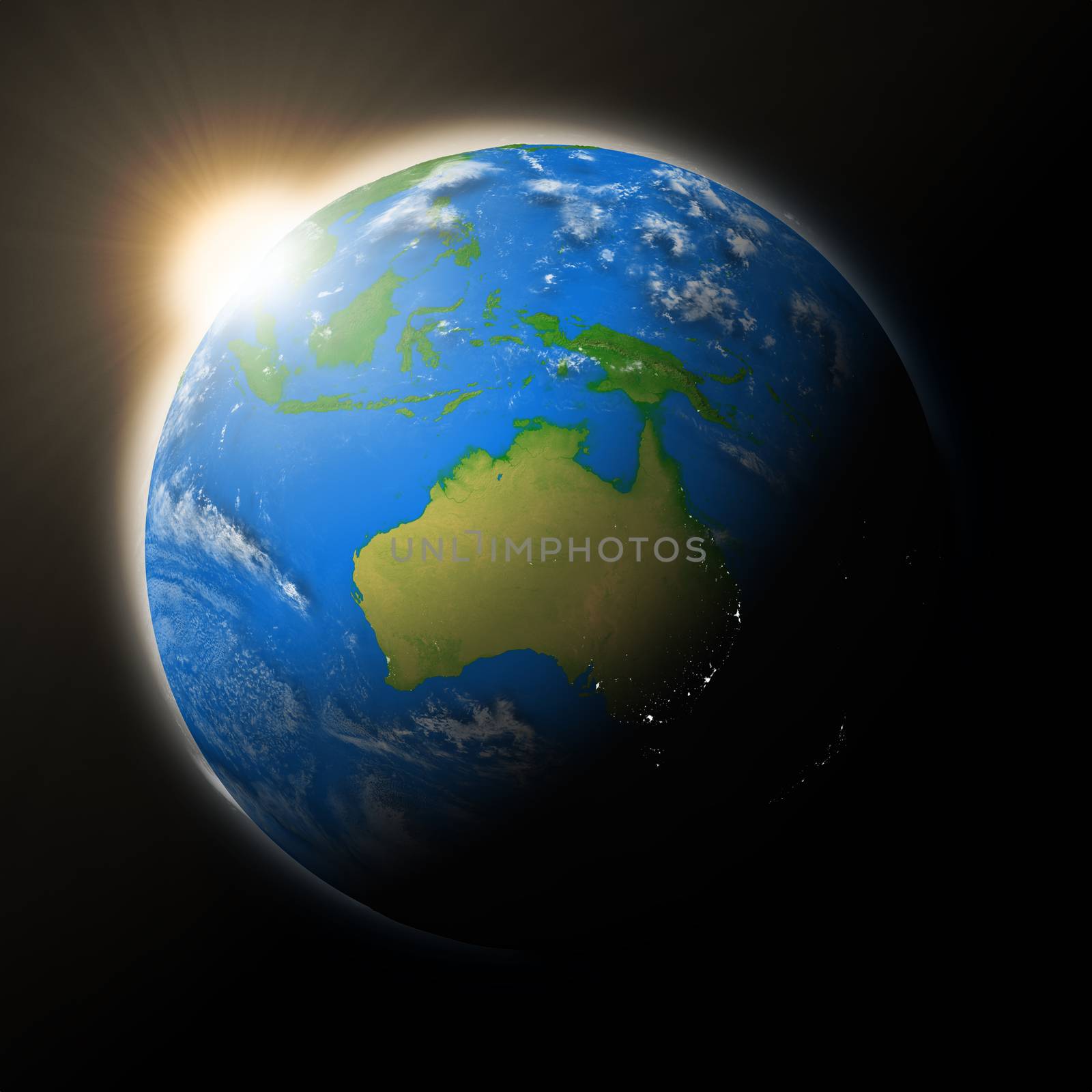 Sun over Australia on blue planet Earth isolated on black background. Highly detailed planet surface. Elements of this image furnished by NASA.