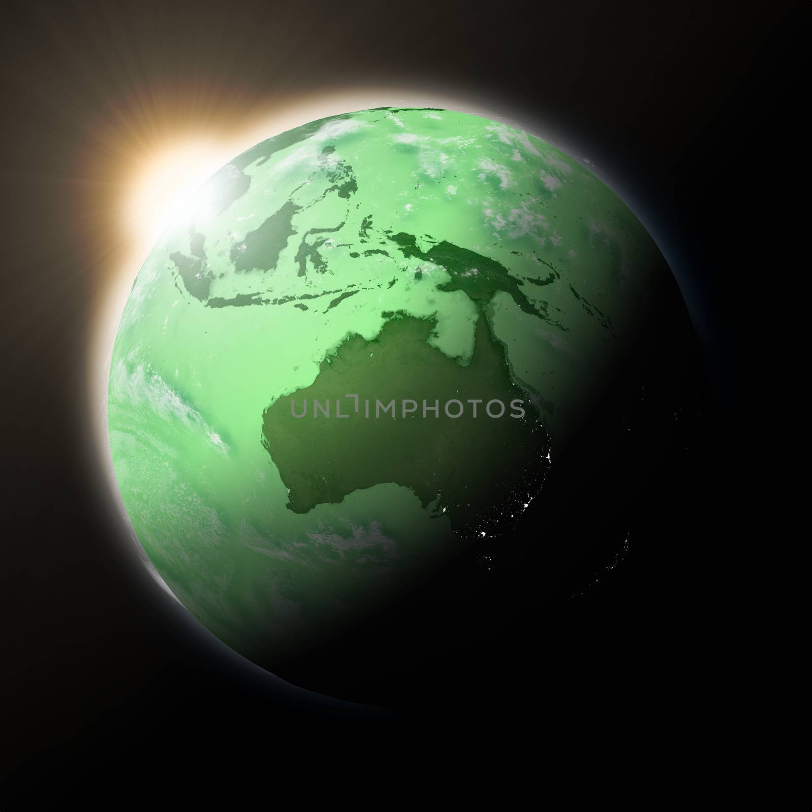Sun over Australia on green planet Earth by Harvepino