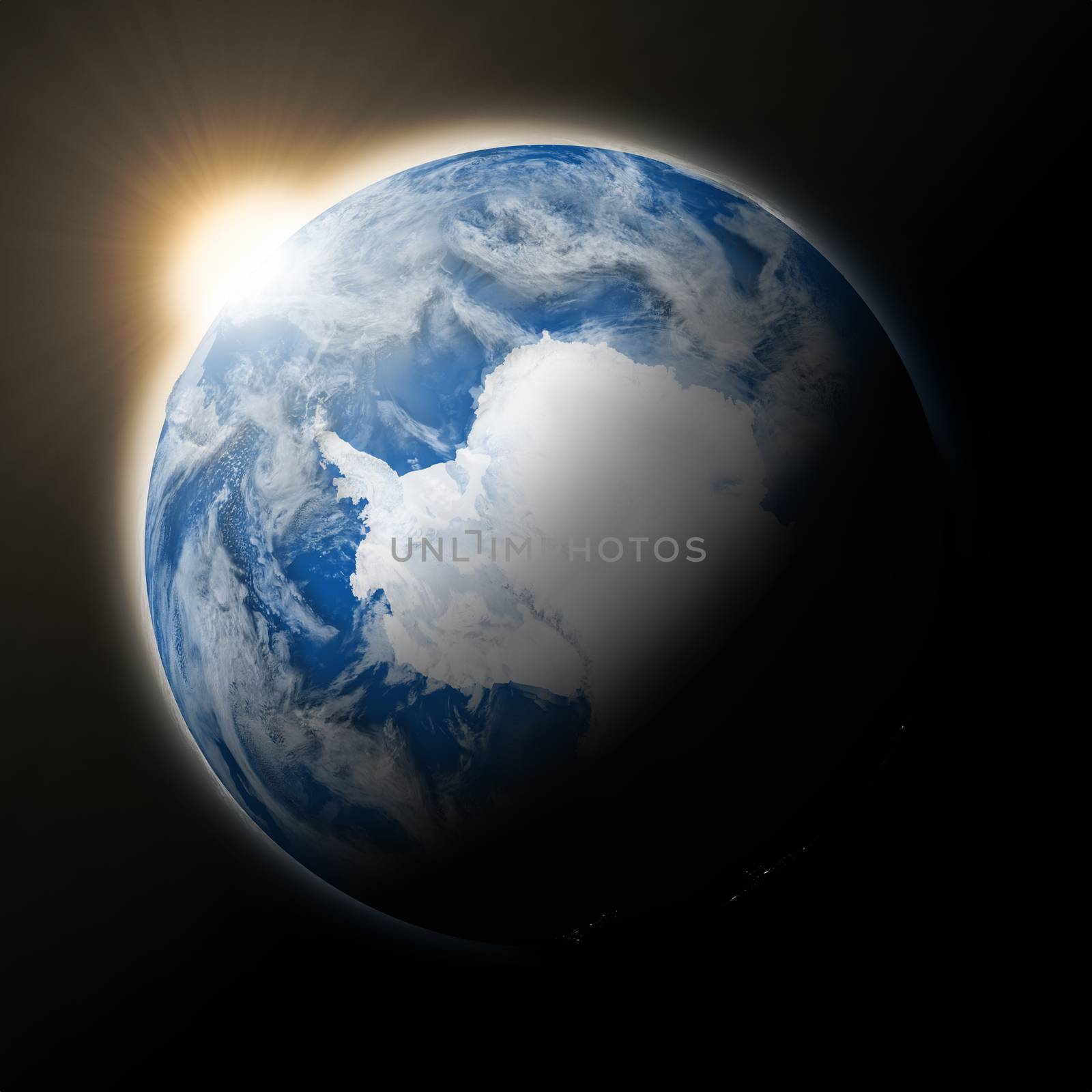 Sun over Antarctica on blue planet Earth isolated on black background. Highly detailed planet surface. Elements of this image furnished by NASA.
