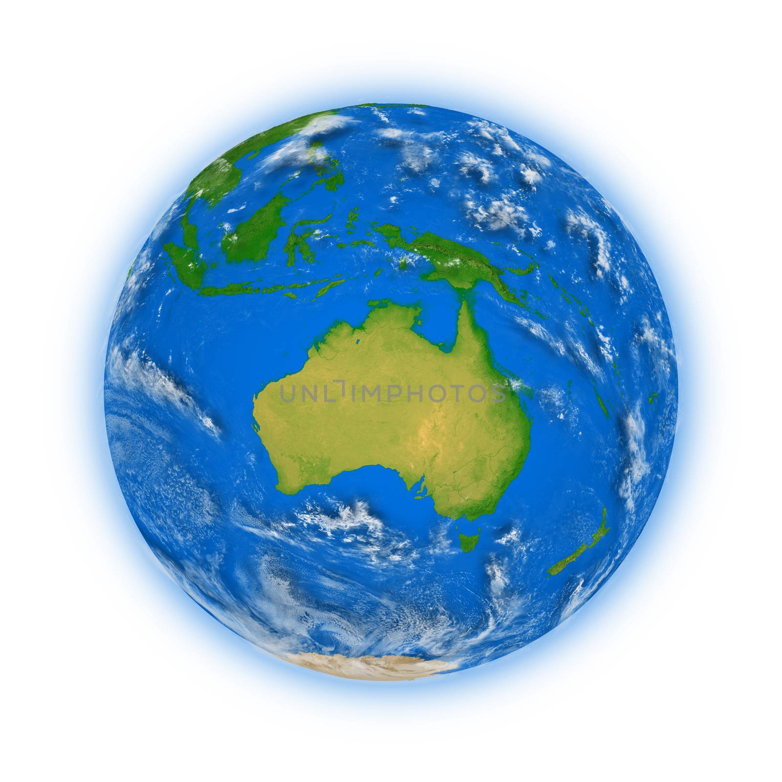 Australia on blue planet Earth isolated on white background. Highly detailed planet surface. Elements of this image furnished by NASA.