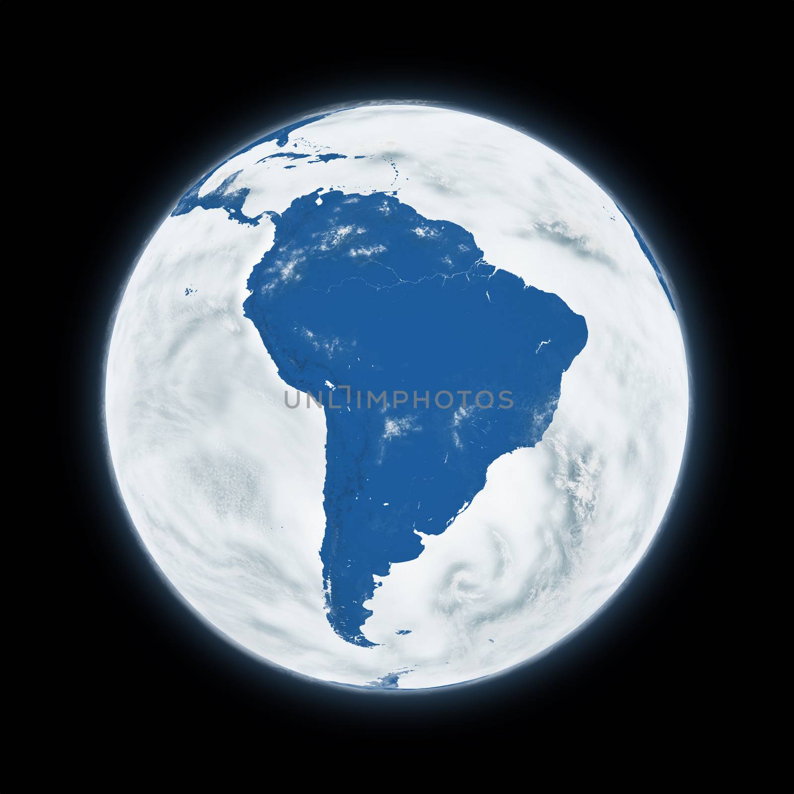 South America on blue planet Earth isolated on black background. Highly detailed planet surface. Elements of this image furnished by NASA.