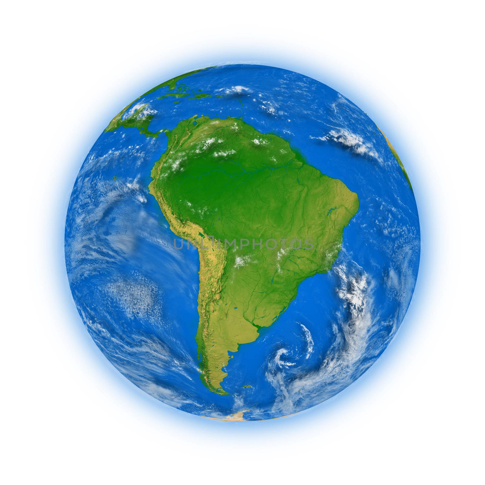 South America on blue planet Earth isolated on white background. Highly detailed planet surface. Elements of this image furnished by NASA.