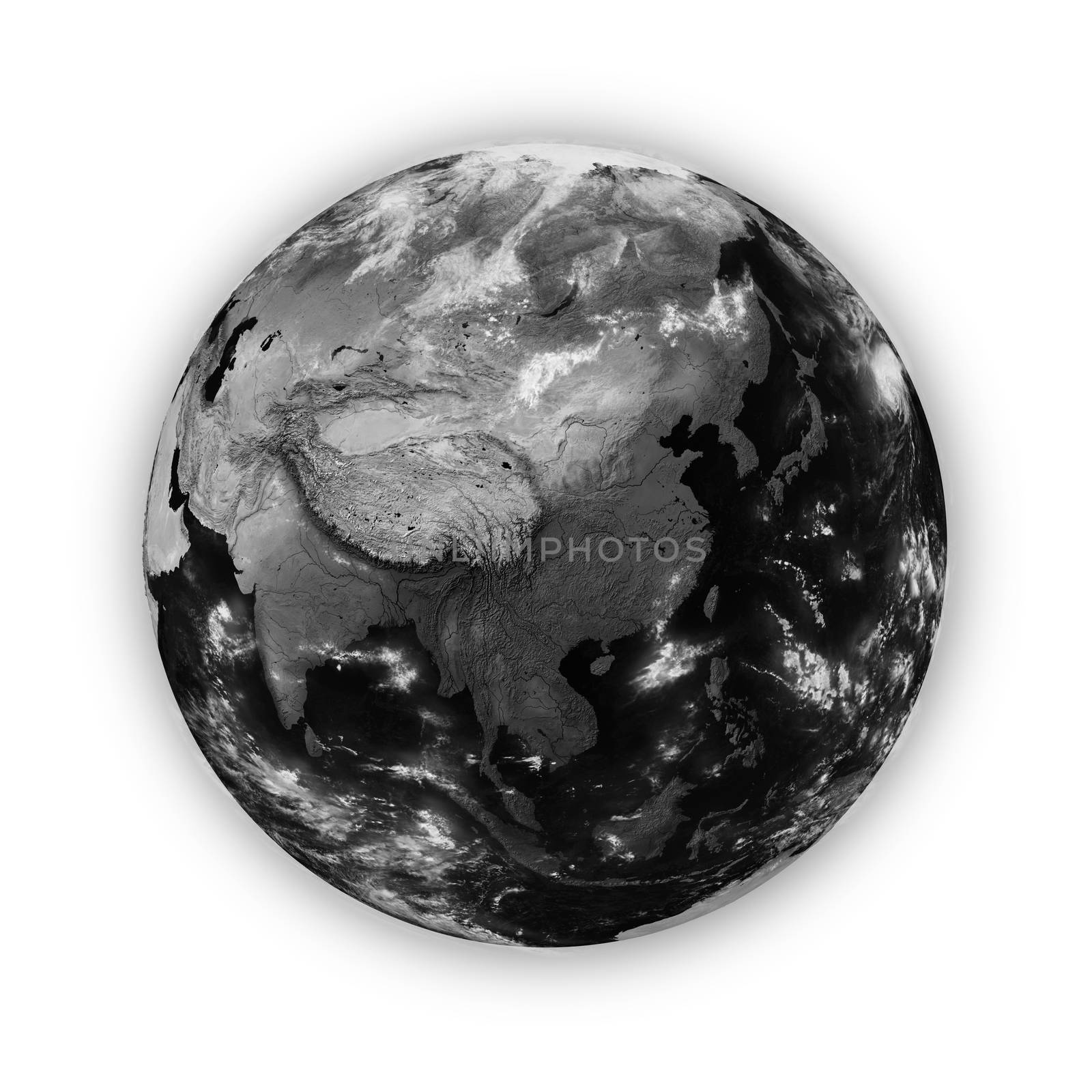 Southeast Asia on dark planet Earth isolated on white background. Highly detailed planet surface. Elements of this image furnished by NASA.