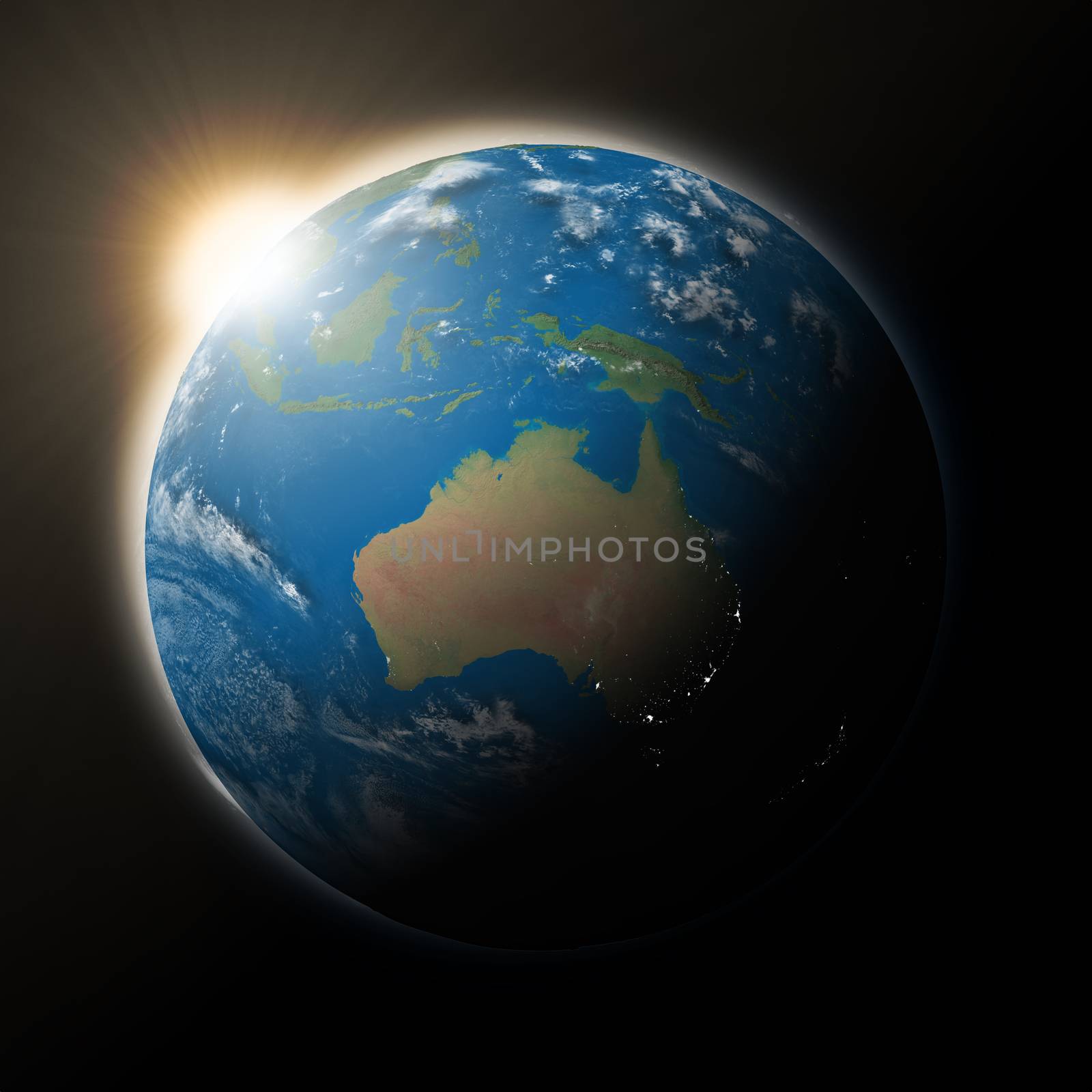 Sun over Australia on blue planet Earth isolated on black background. Highly detailed planet surface. Elements of this image furnished by NASA.