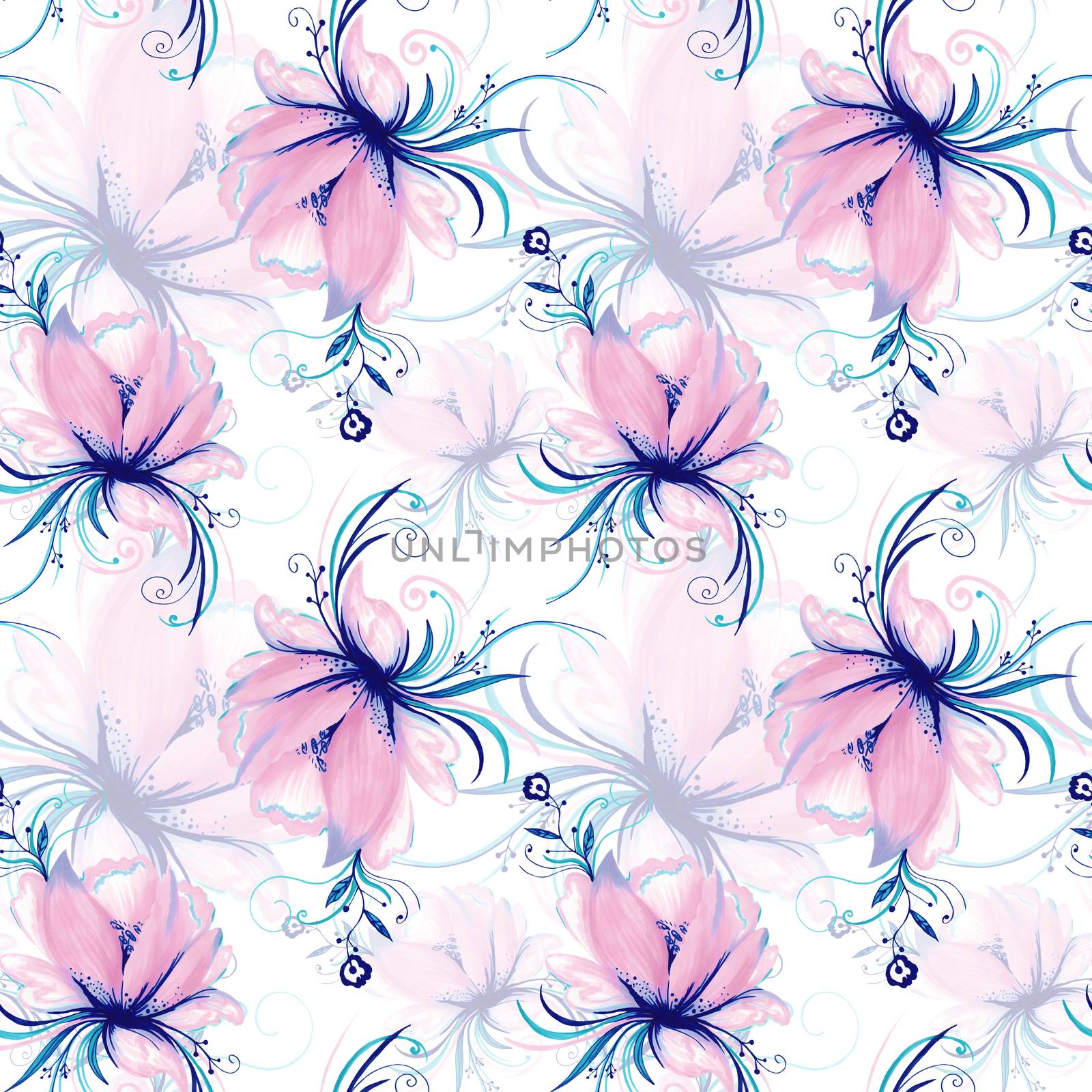 Seamless texture with ornamental lotus flowers isolated on white background