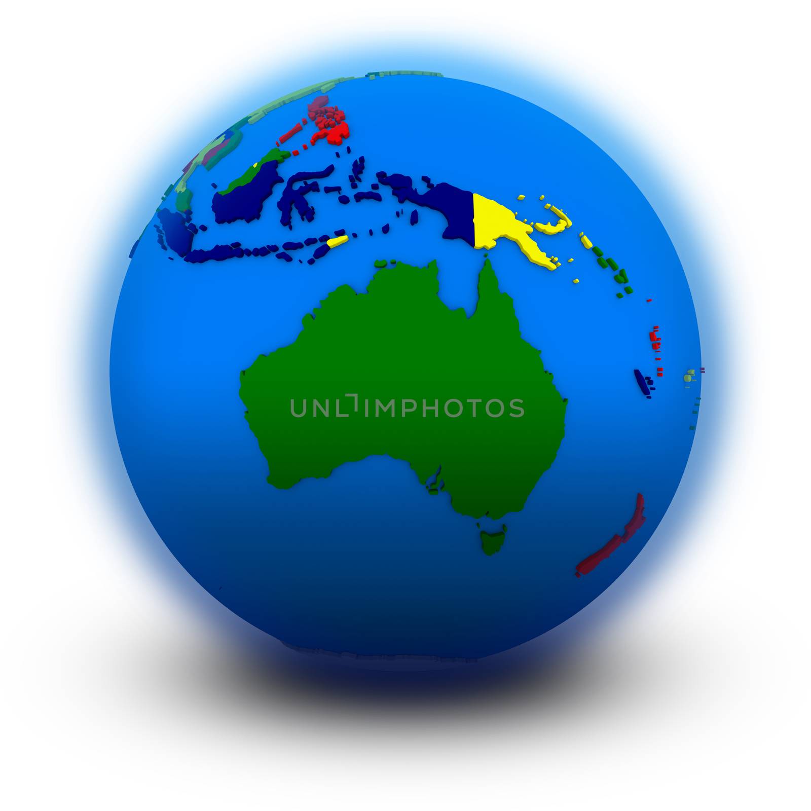 Australia on political globe, illustration isolated on white background
