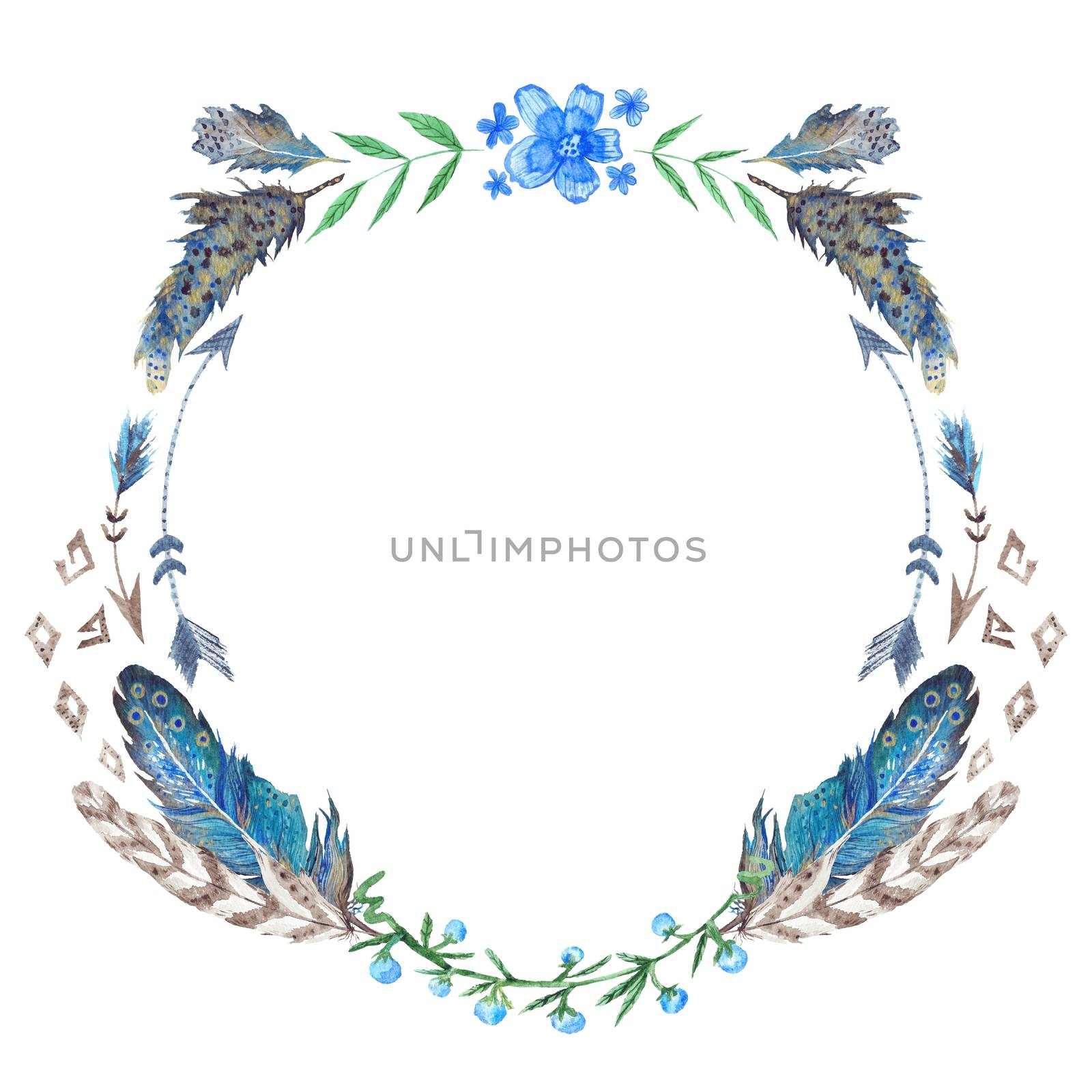 Creative tribal style round frame with blue forest flowers and feathers