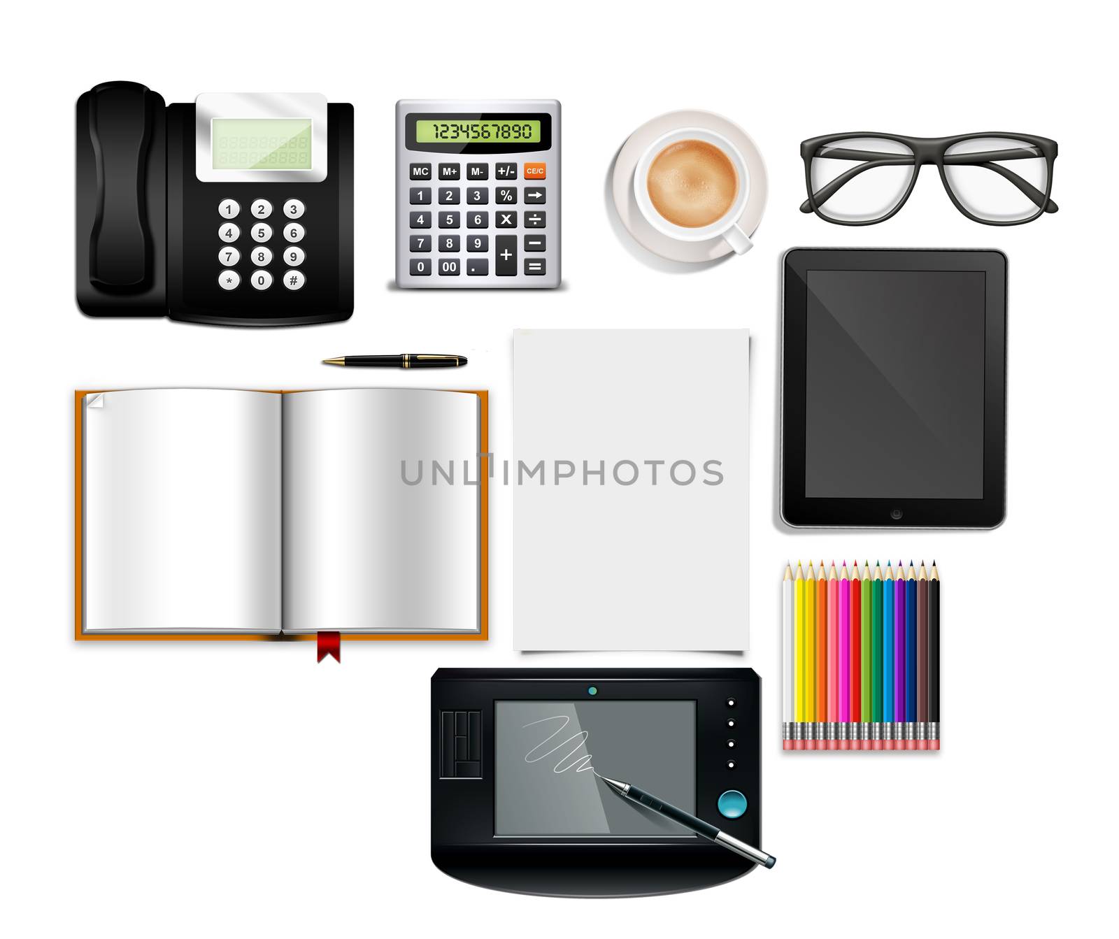 Realistic illustration of desk with office items