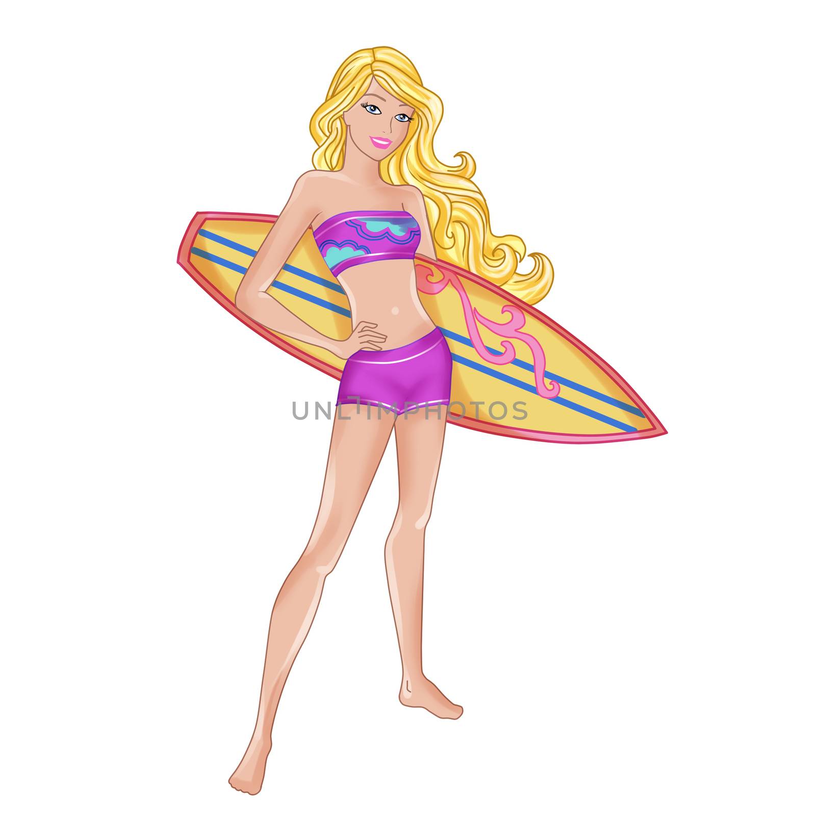 Illustration of pretty young surfer girl