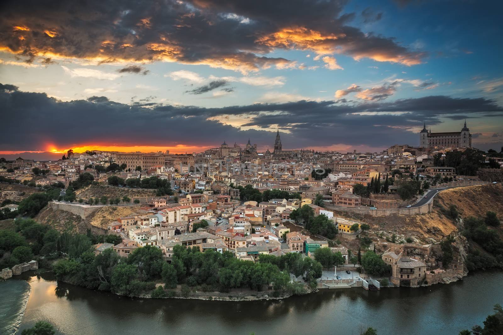 Panoramic view of Toledo at dusk, Castile-La Mancha, Spain by fisfra