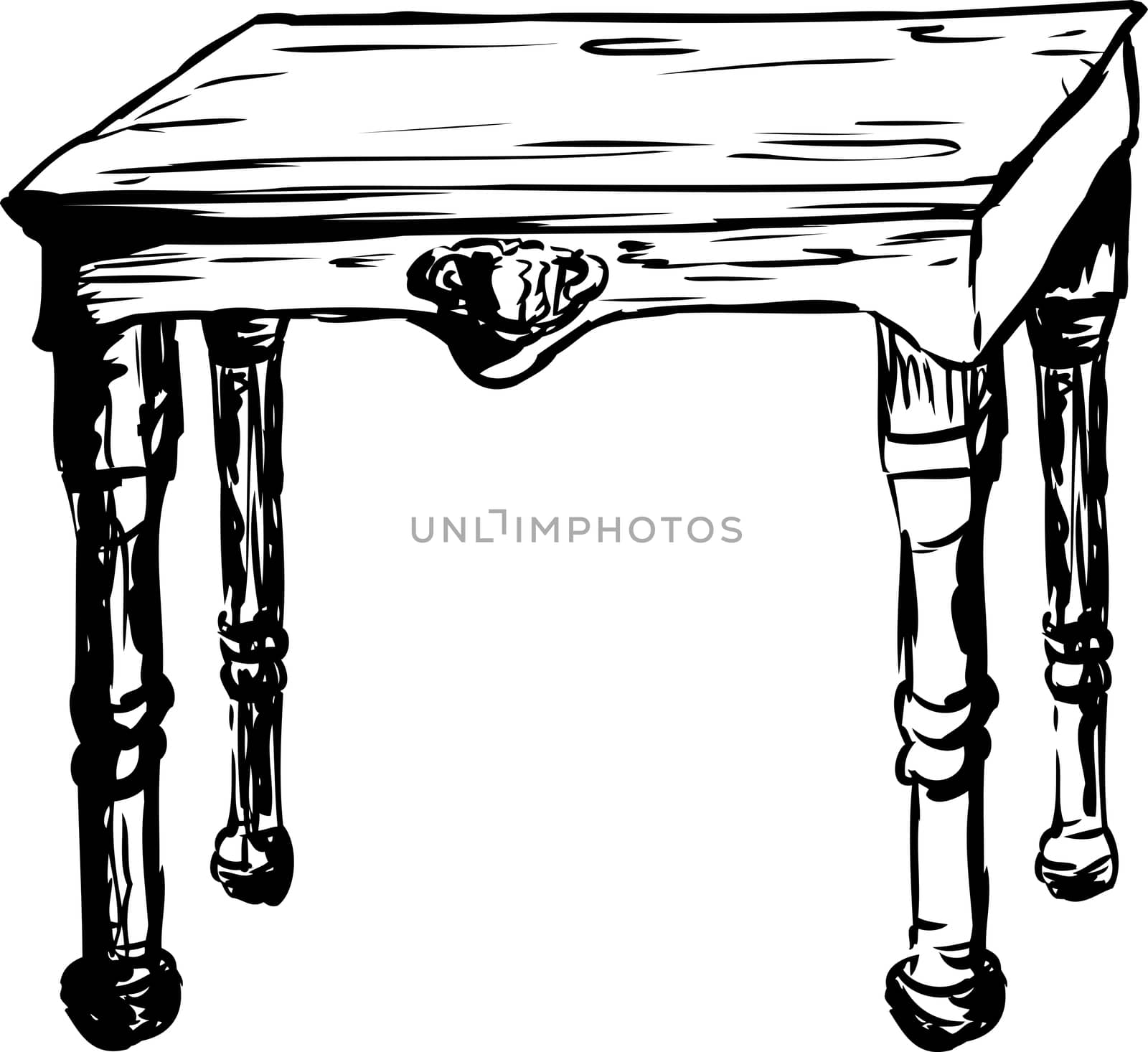 Sketch of wooden table with decoration over isolated white background