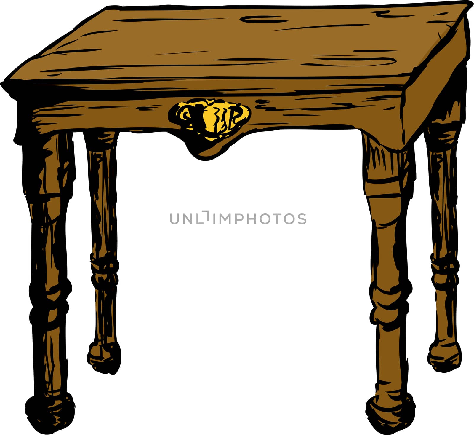 Single old fashioned wooden table with decoration over isolated white background