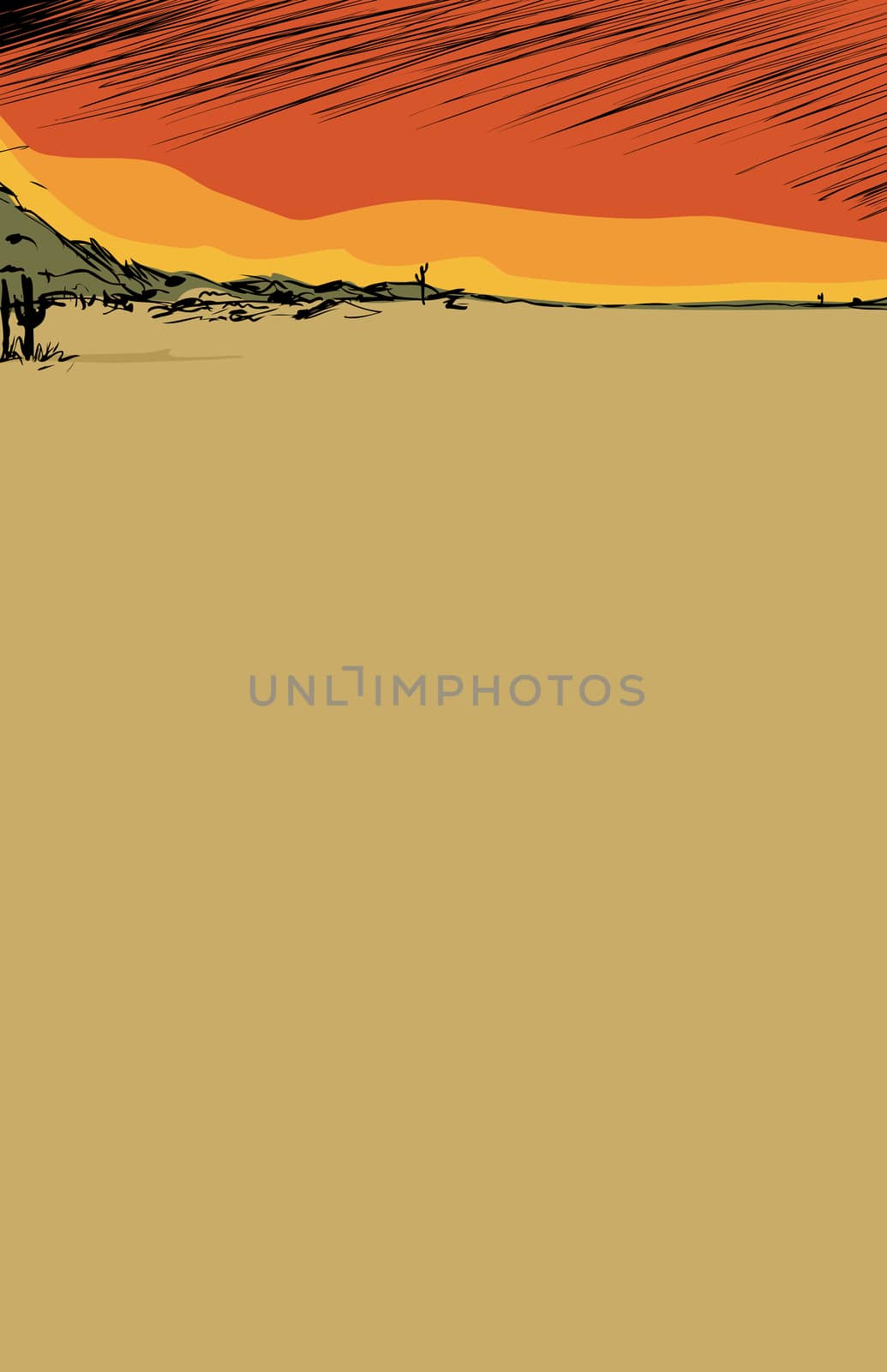 Empty nature background illustration of desert with cactus and hills