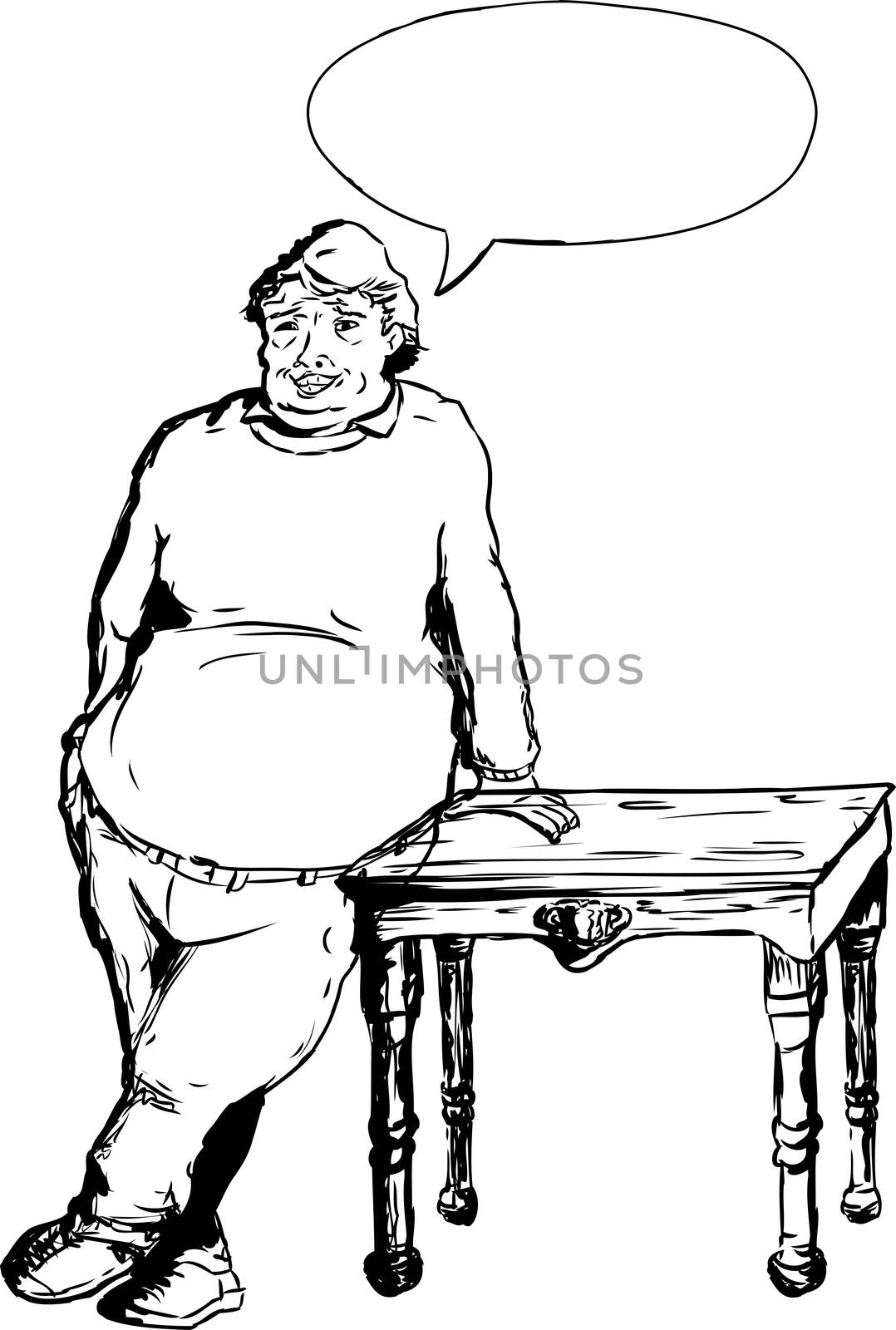 Overweight mature laughing European male leaning on table with hand next to word balloon
