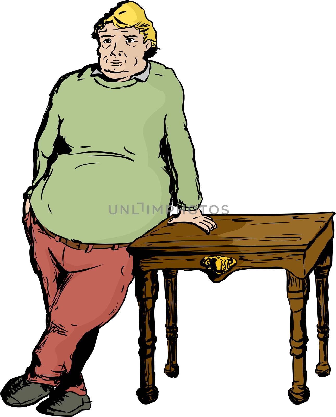 One blond overweight mature European male leaning on table with hand