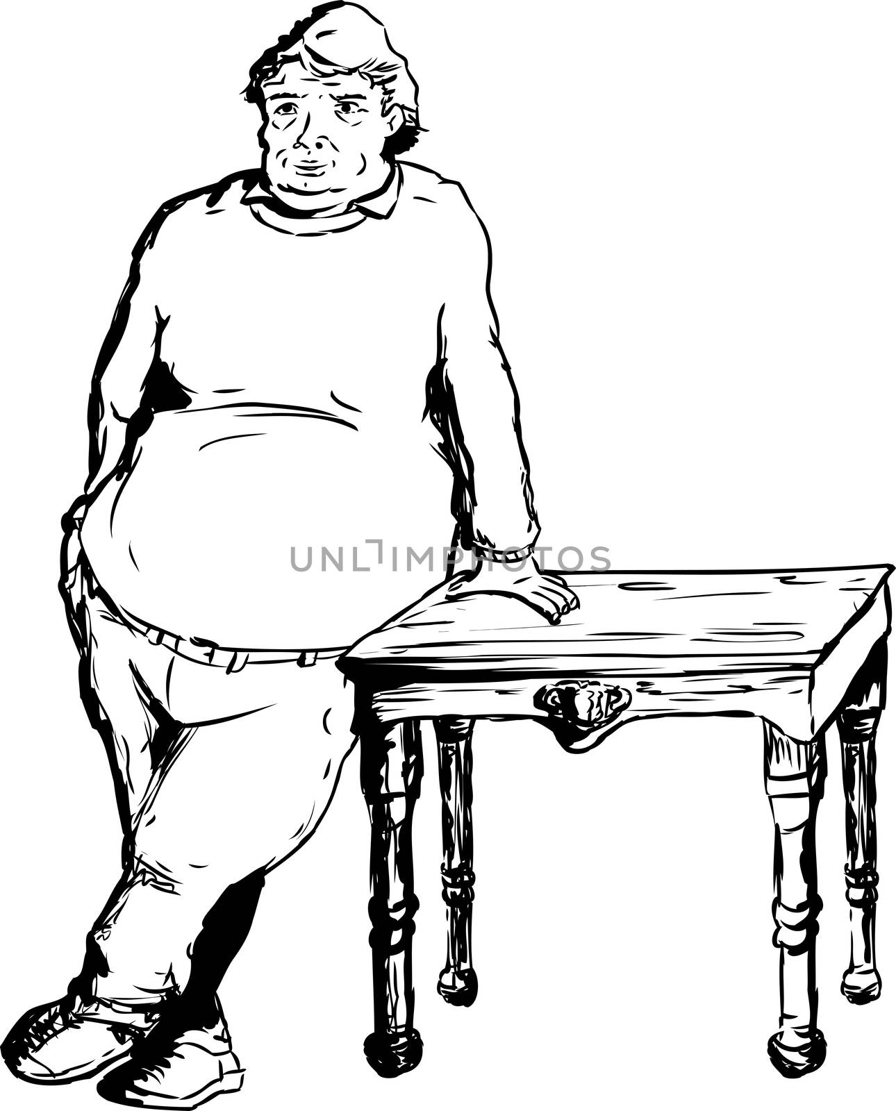 One calm overweight mature European male leaning on table with hand