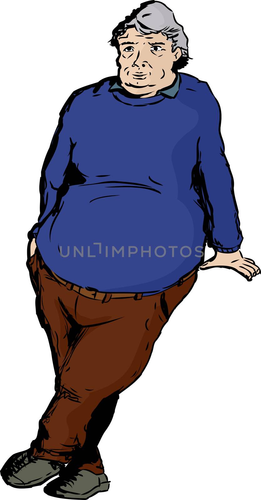 One mature overweight man with big belly leaning over blank area