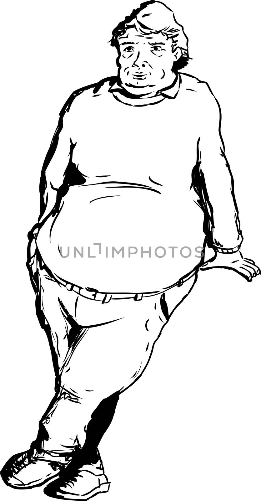 One mature overweight man with big belly and serious expression leaning over blank area 