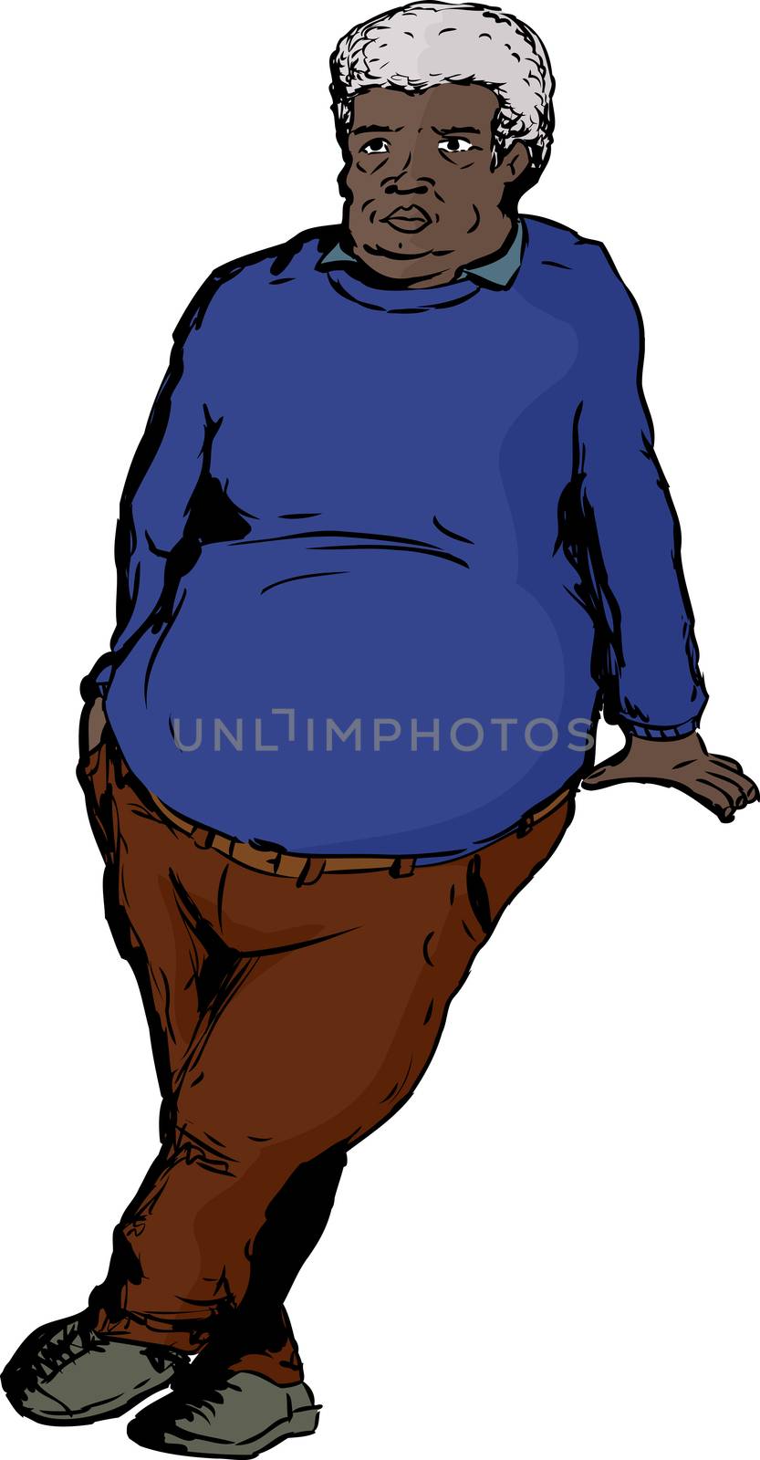 Single older overweight man with big belly leaning over blank area