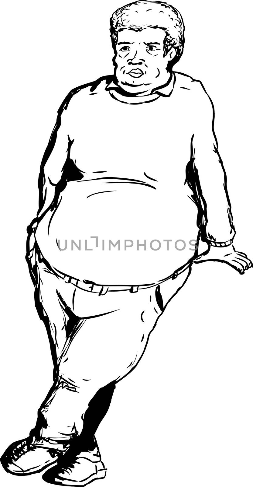 Single outlined overweight man with big belly leaning over blank area