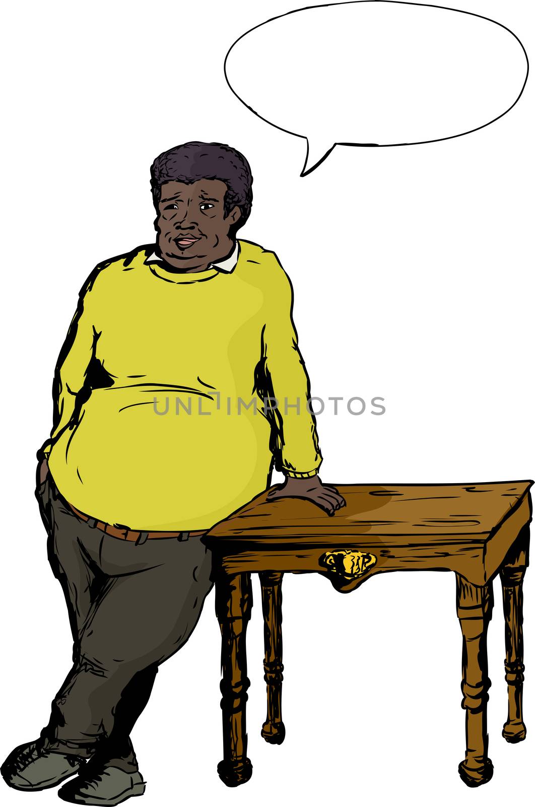 Happy Heavyset Man Leaning on Table by TheBlackRhino