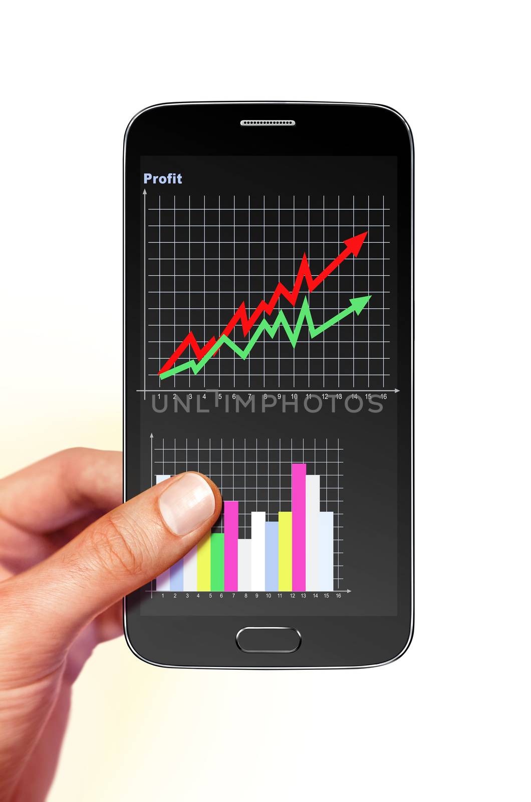 smartphone with diagram of profit on screen in hand